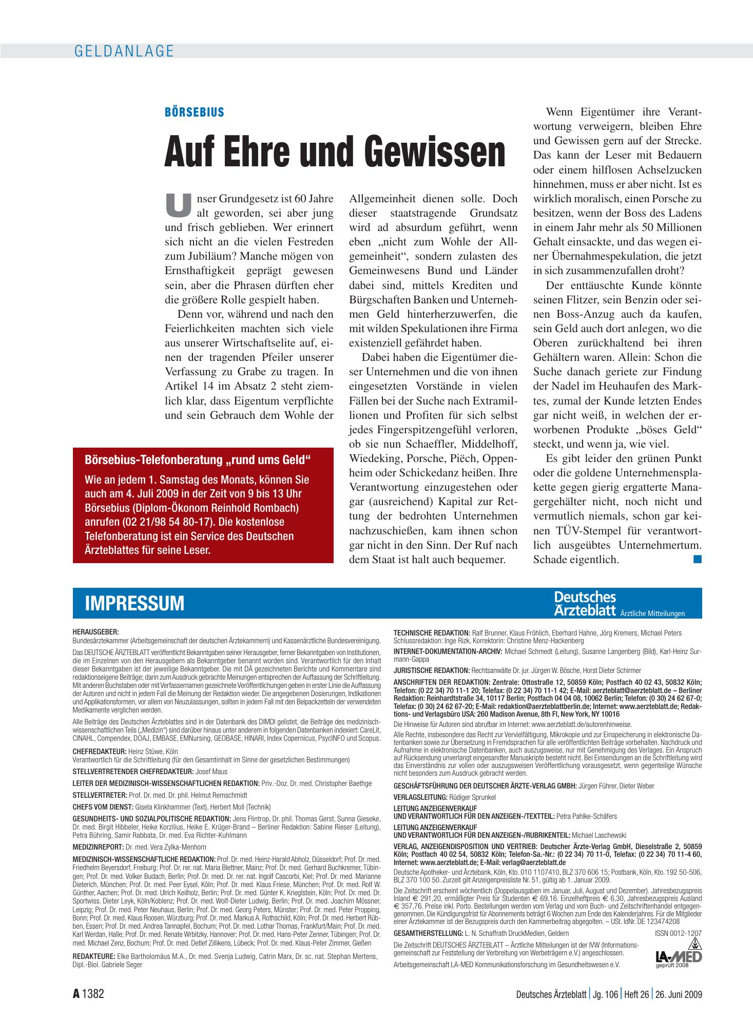 Vorschauseite 1: Börsebius: Auf Ehre und Gewissen – Deutsches Ärzteblatt