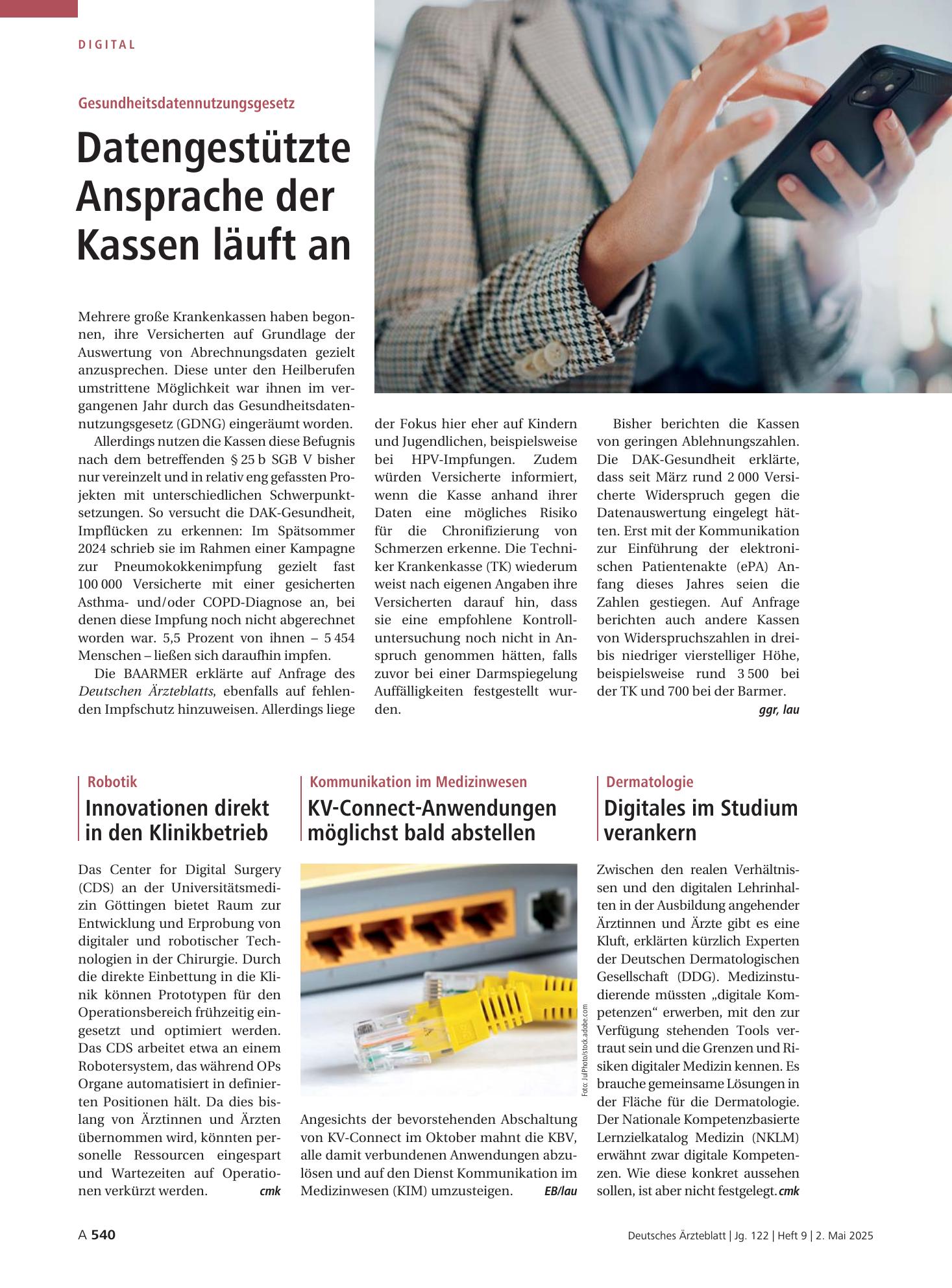 Vorschauseite 1: Gesundheitsdatennutzungsgesetz: Datengestützte Ansprache der Kassen läuft an – Deutsches Ärzteblatt