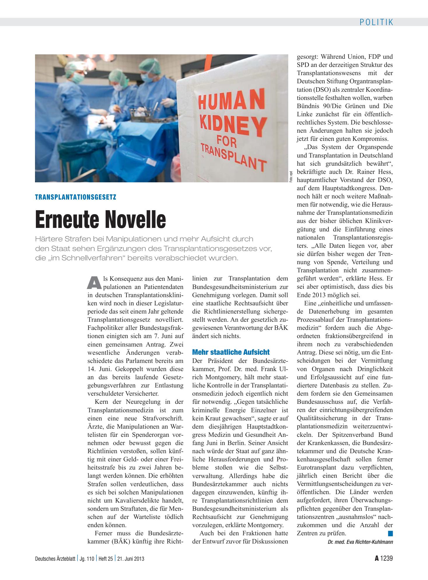 Vorschauseite 1: Transplantationsgesetz: Erneute Novelle – Deutsches Ärzteblatt