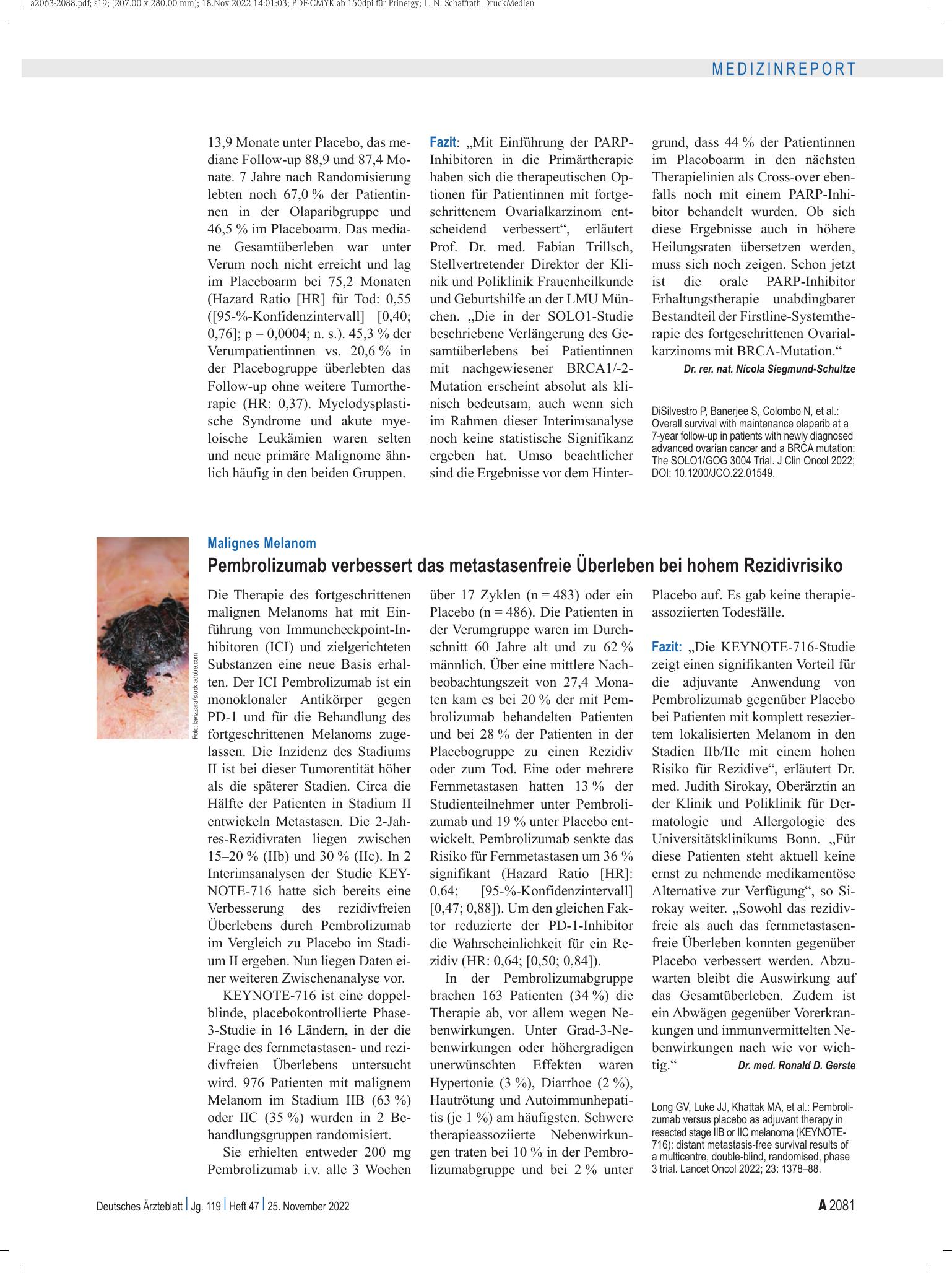 Vorschauseite 1: Malignes Melanom: Pembrolizumab verbessert das metastasenfreie Überleben bei hohem Rezidivrisiko – Deutsches Ärzteblatt