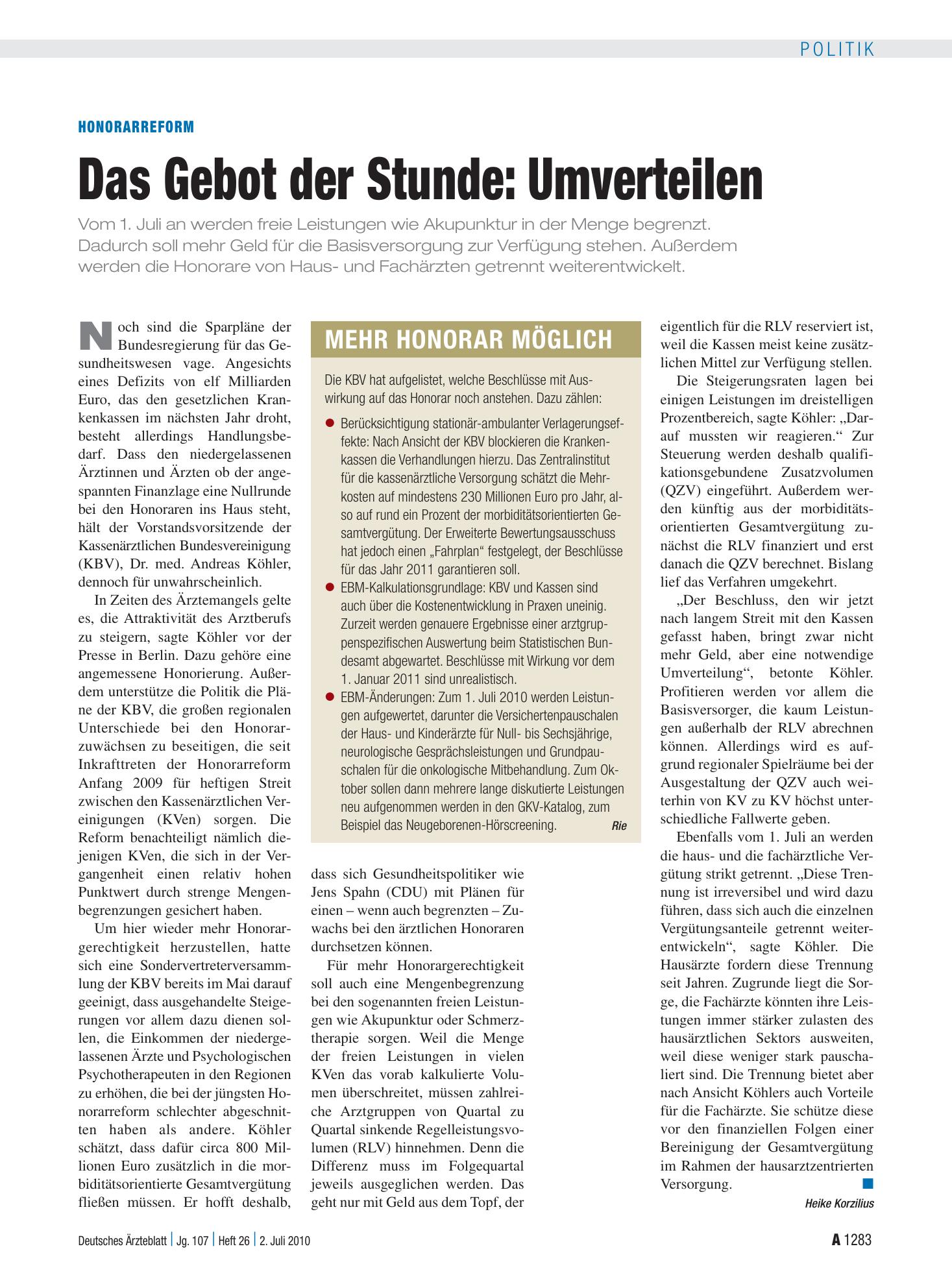 Vorschauseite 1: Mehr Honorar möglich – Deutsches Ärzteblatt