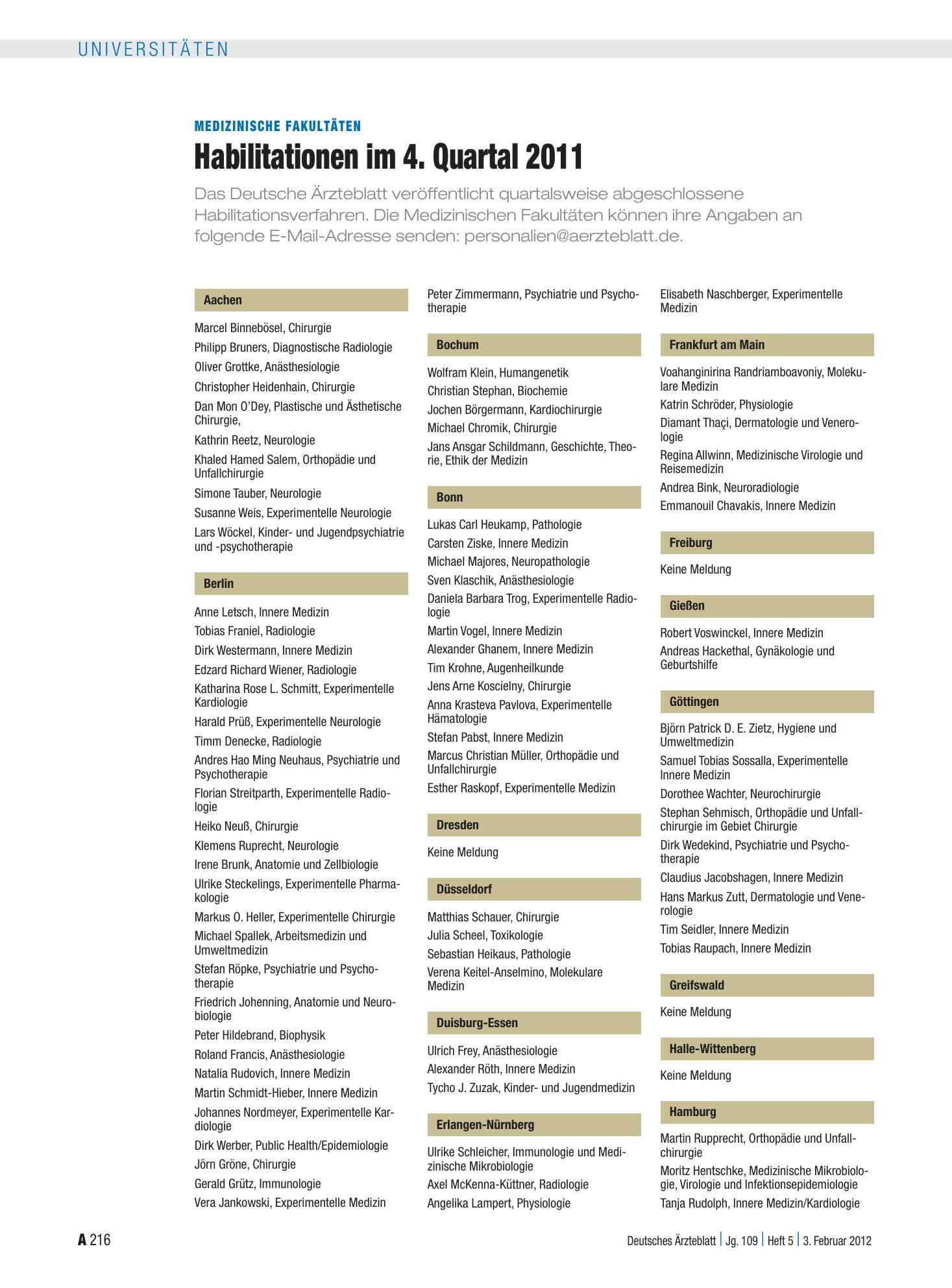 Vorschauseite 1: Medizinische Fakultäten: Habilitationen im 4. Quartal 2011 – Deutsches Ärzteblatt