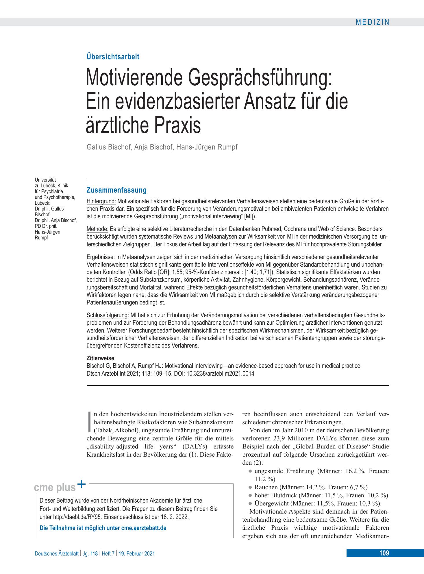Vorschauseite 1: Motivierende Gesprächsführung: Ein evidenzbasierter Ansatz für die ärztliche Praxis – Deutsches Ärzteblatt