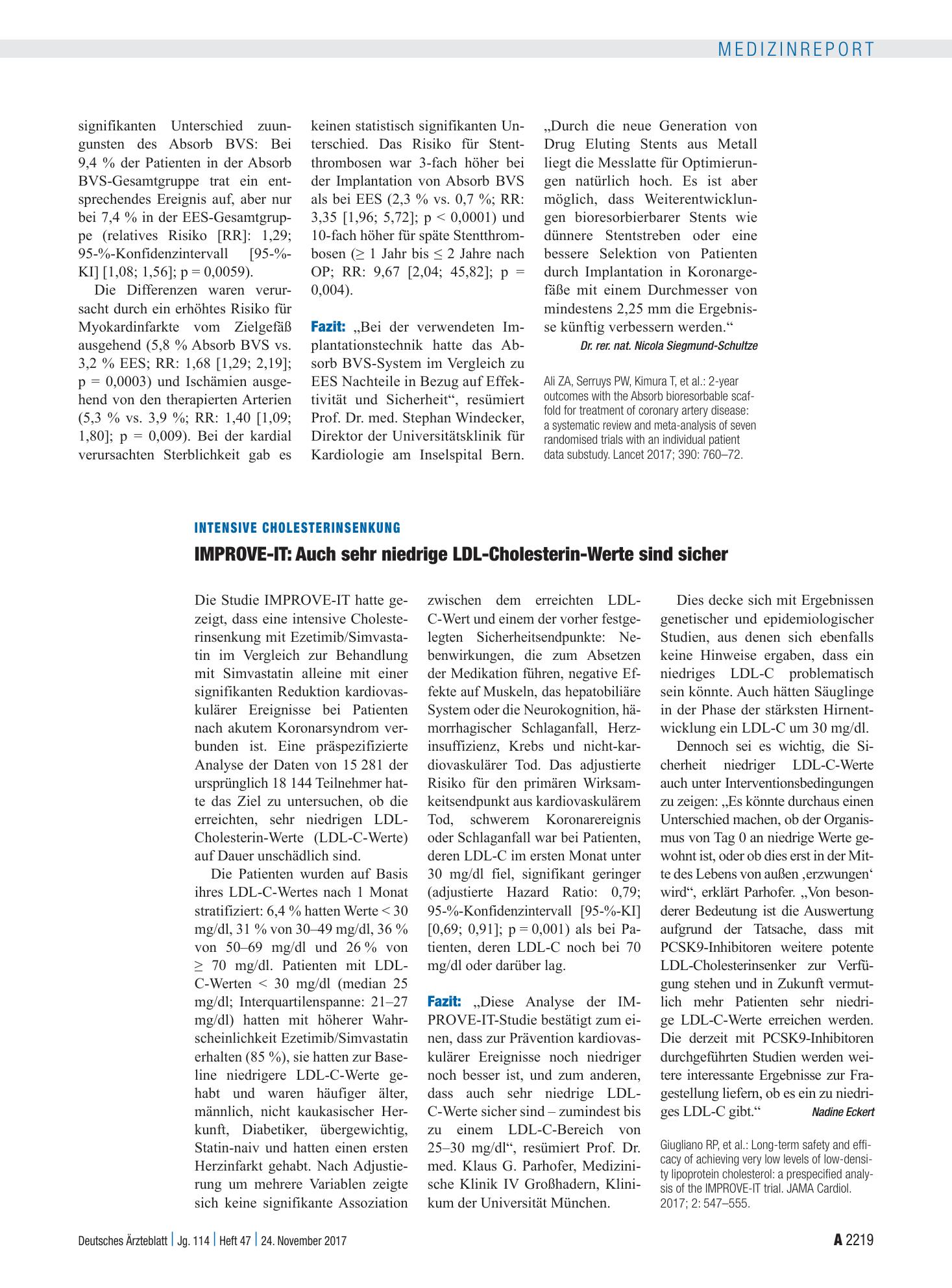 Vorschauseite 1: Intensive Cholesterinsenkung: IMPROVE-IT – Auch sehr niedrige LDL-Cholesterin-Werte sind sicher – Deutsches Ärzteblatt