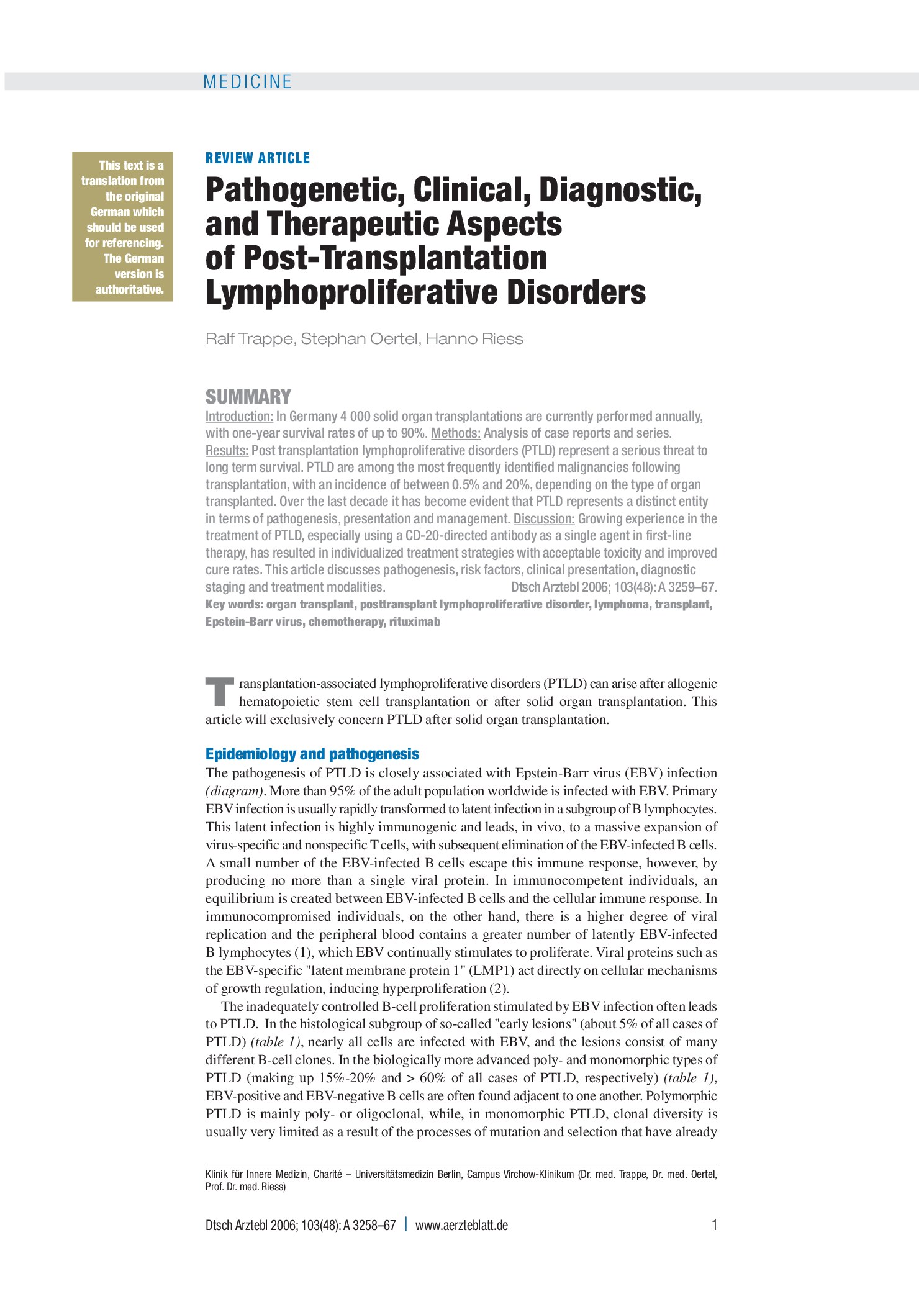 Vorschauseite 1: Pathogenese, Klinik, Diagnostik und Therapie transplantationsassoziierter lymphoproliferativer Erkrankungen – Deutsches Ärzteblatt