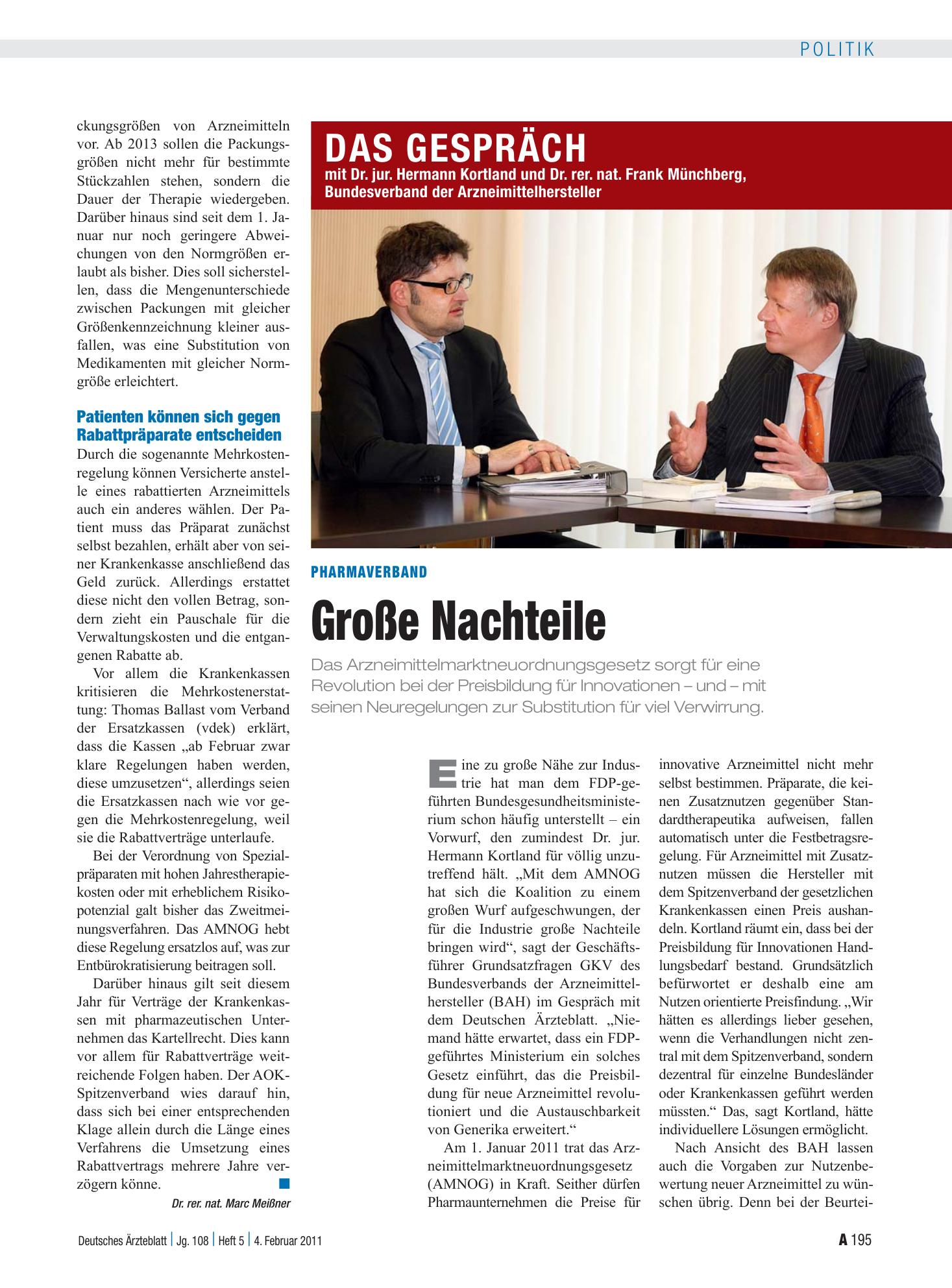 Vorschauseite 1: Pharmaverband: Große Nachteile – Deutsches Ärzteblatt