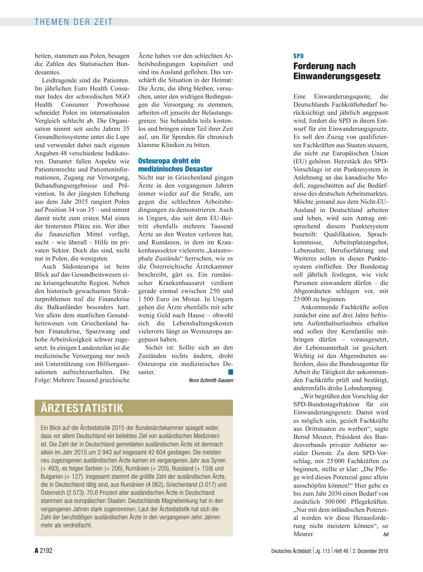 Vorschauseite 1: SPD: Forderung nach Einwanderungsgesetz – Deutsches Ärzteblatt