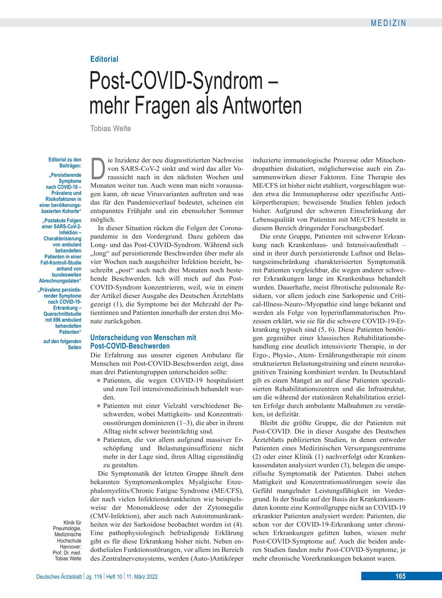 Vorschauseite 1: Postakute Folgen einer SARS-CoV-2-Infektion – Deutsches Ärzteblatt