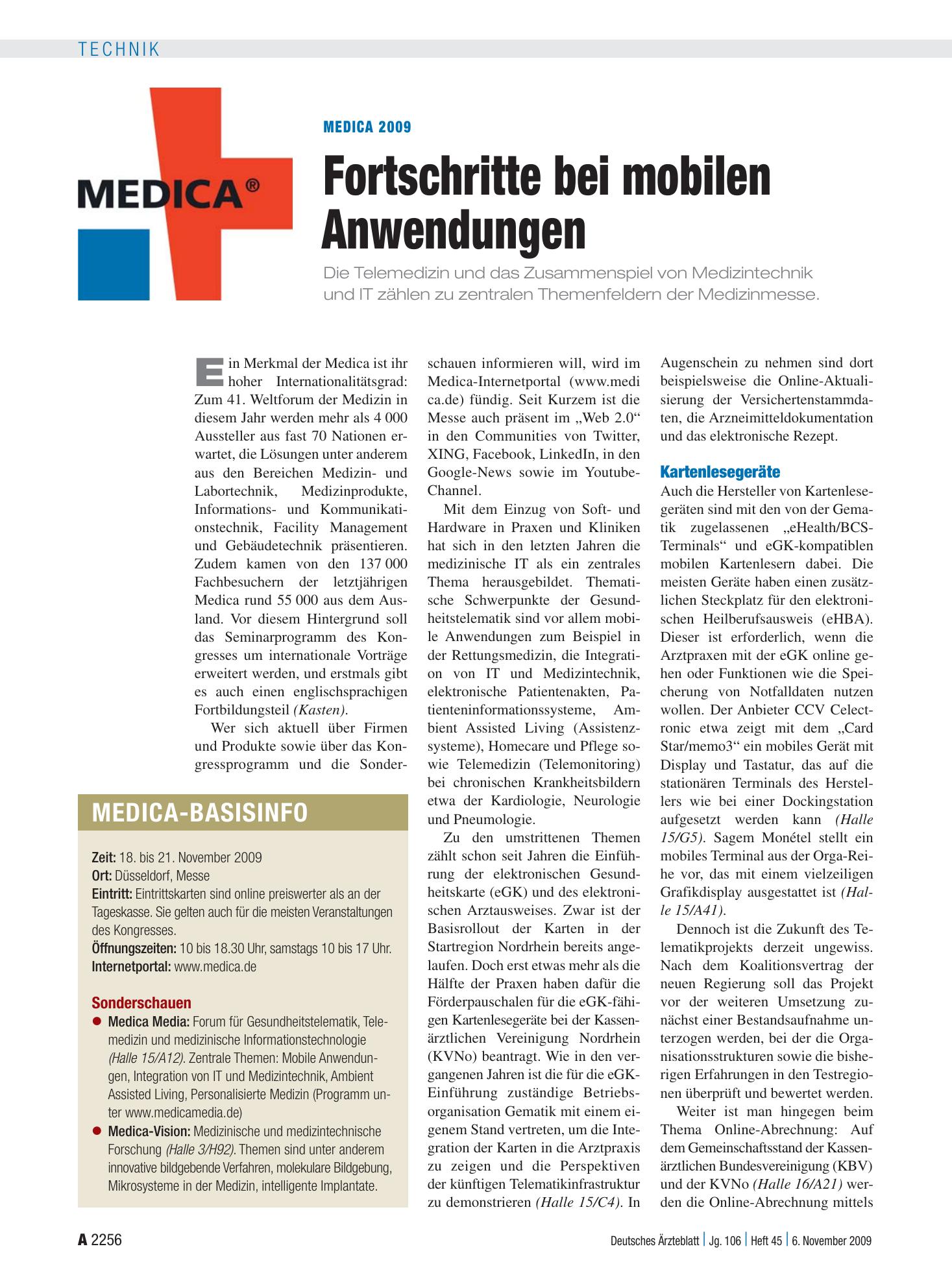 Vorschauseite 1: Medica 2009: Fortschritte bei mobilen Anwendungen – Deutsches Ärzteblatt