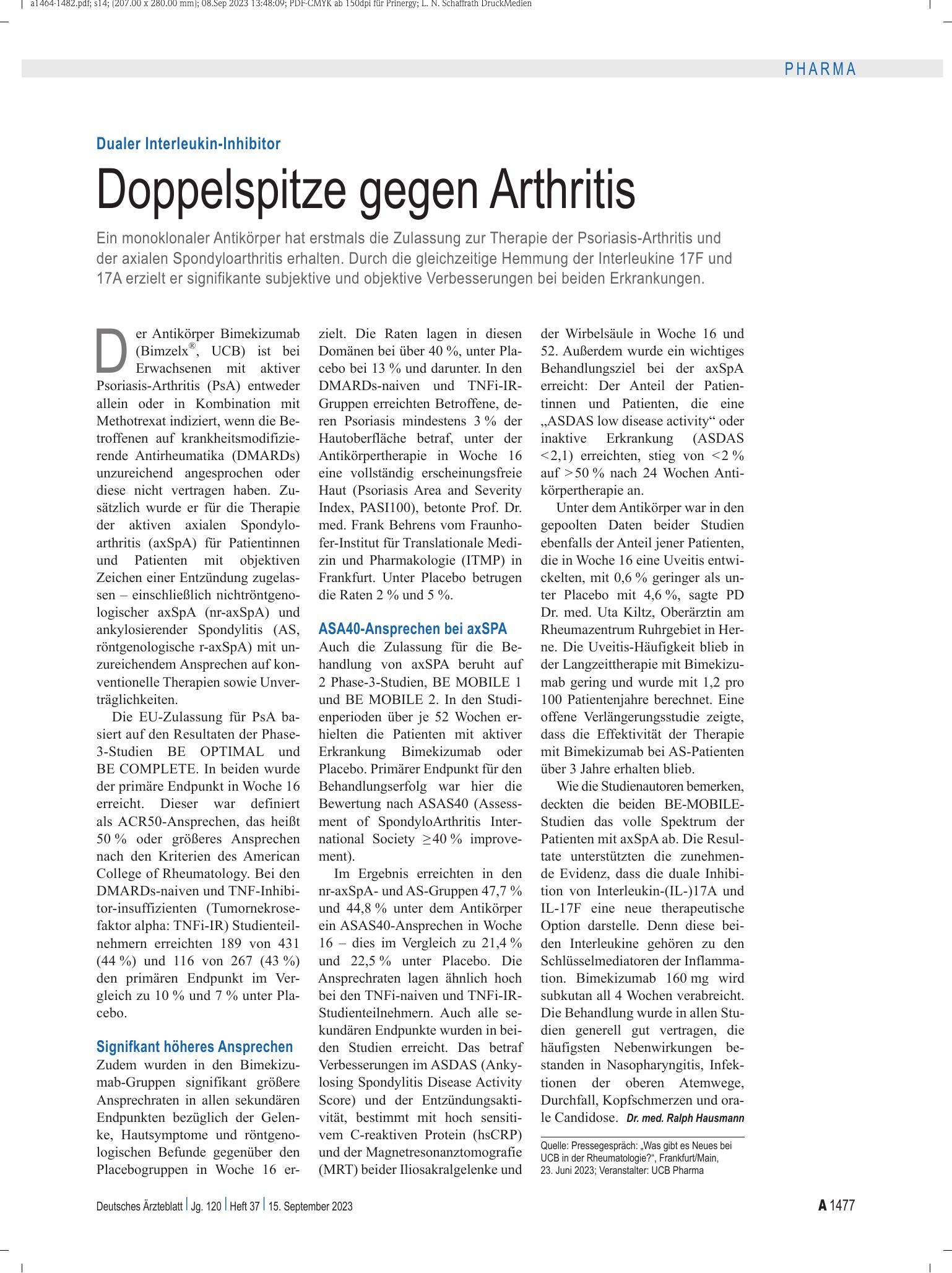Vorschauseite 1: Dualer Interleukin-Inhibitor: Doppelspitze gegen Arthritis – Deutsches Ärzteblatt