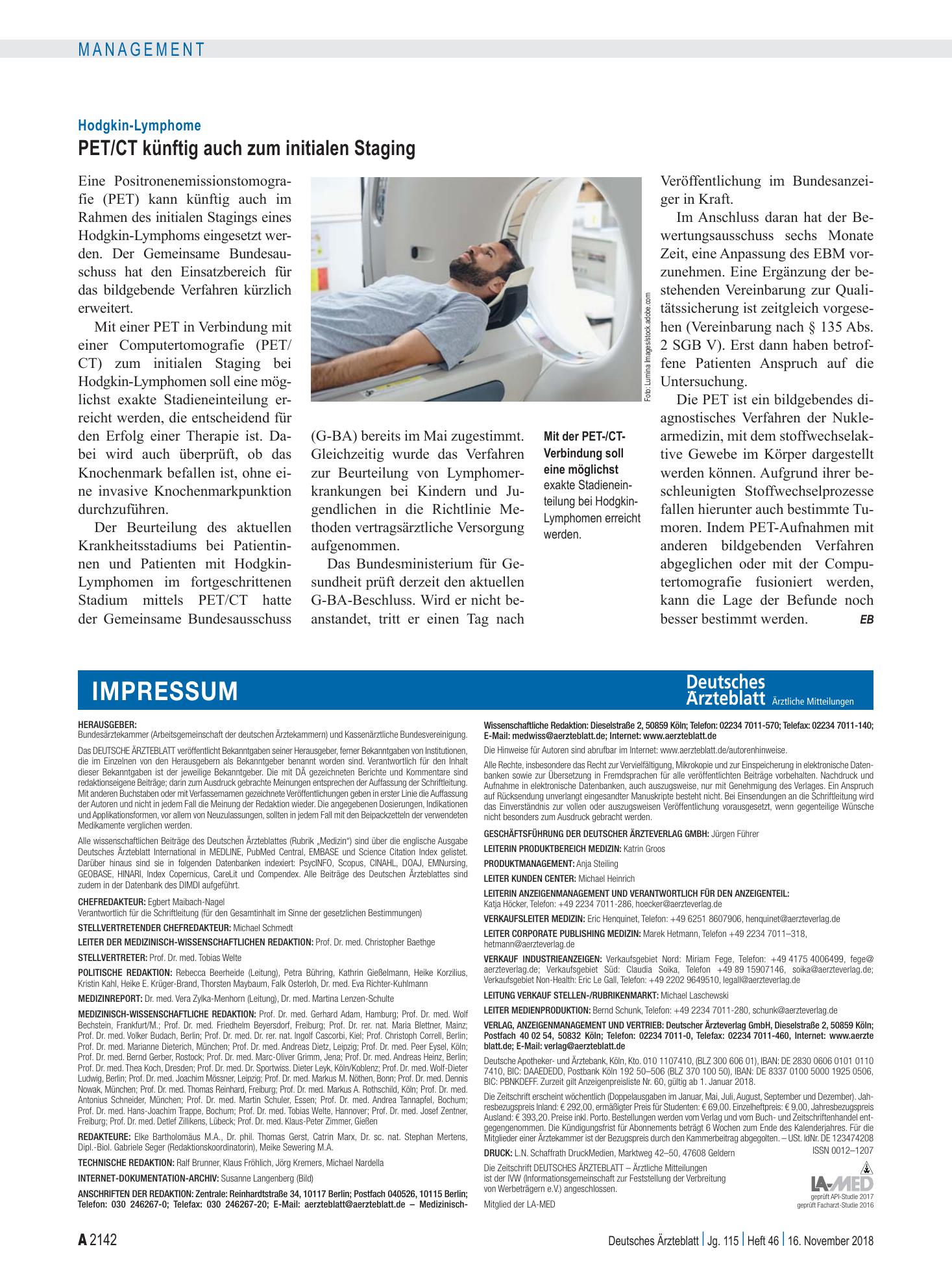 Vorschauseite 1: Hodgkin-Lymphome: PET/CT künftig auch zum initialen Staging – Deutsches Ärzteblatt