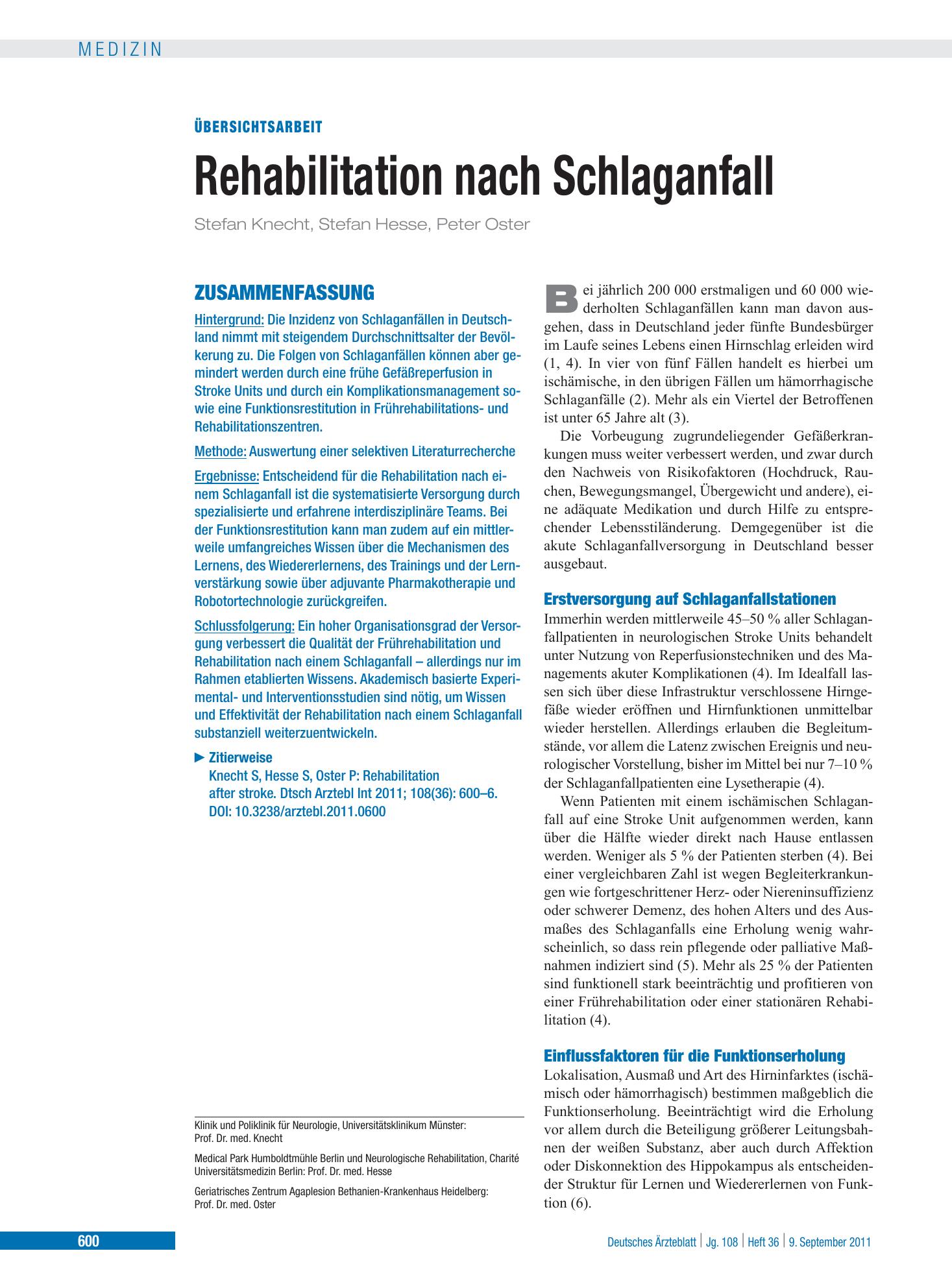 Vorschauseite 1: Rehabilitation nach Schlaganfall – Deutsches Ärzteblatt