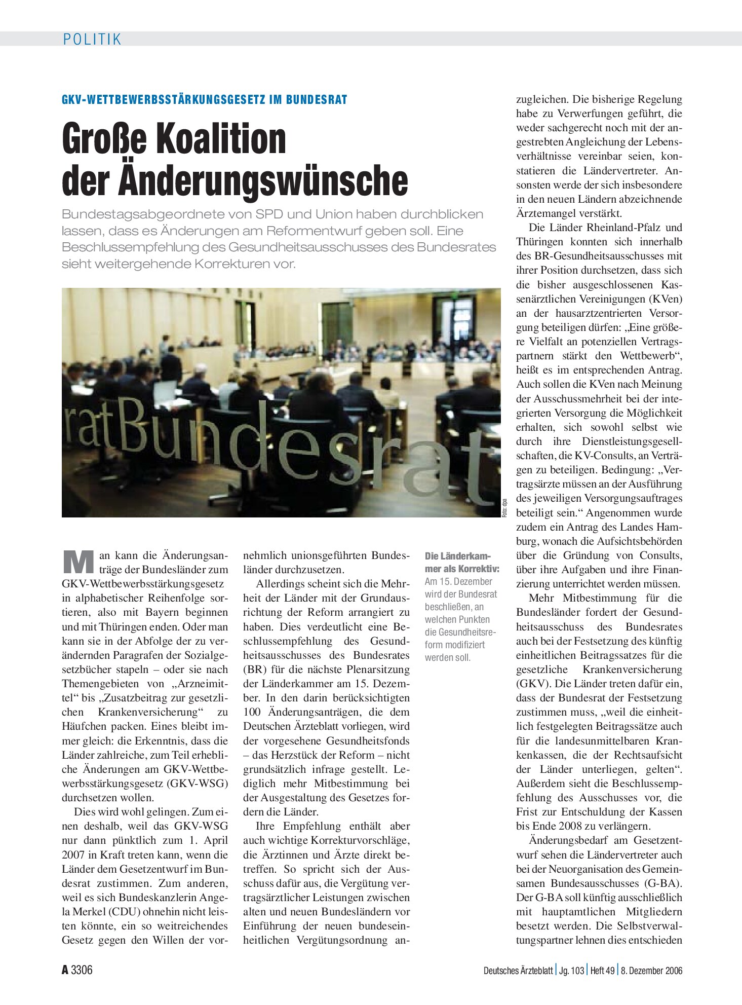 Vorschauseite 1: GKV-Wettbewerbsstärkungsgesetz im Bundesrat: Große Koalition der Änderungswünsche – Deutsches Ärzteblatt