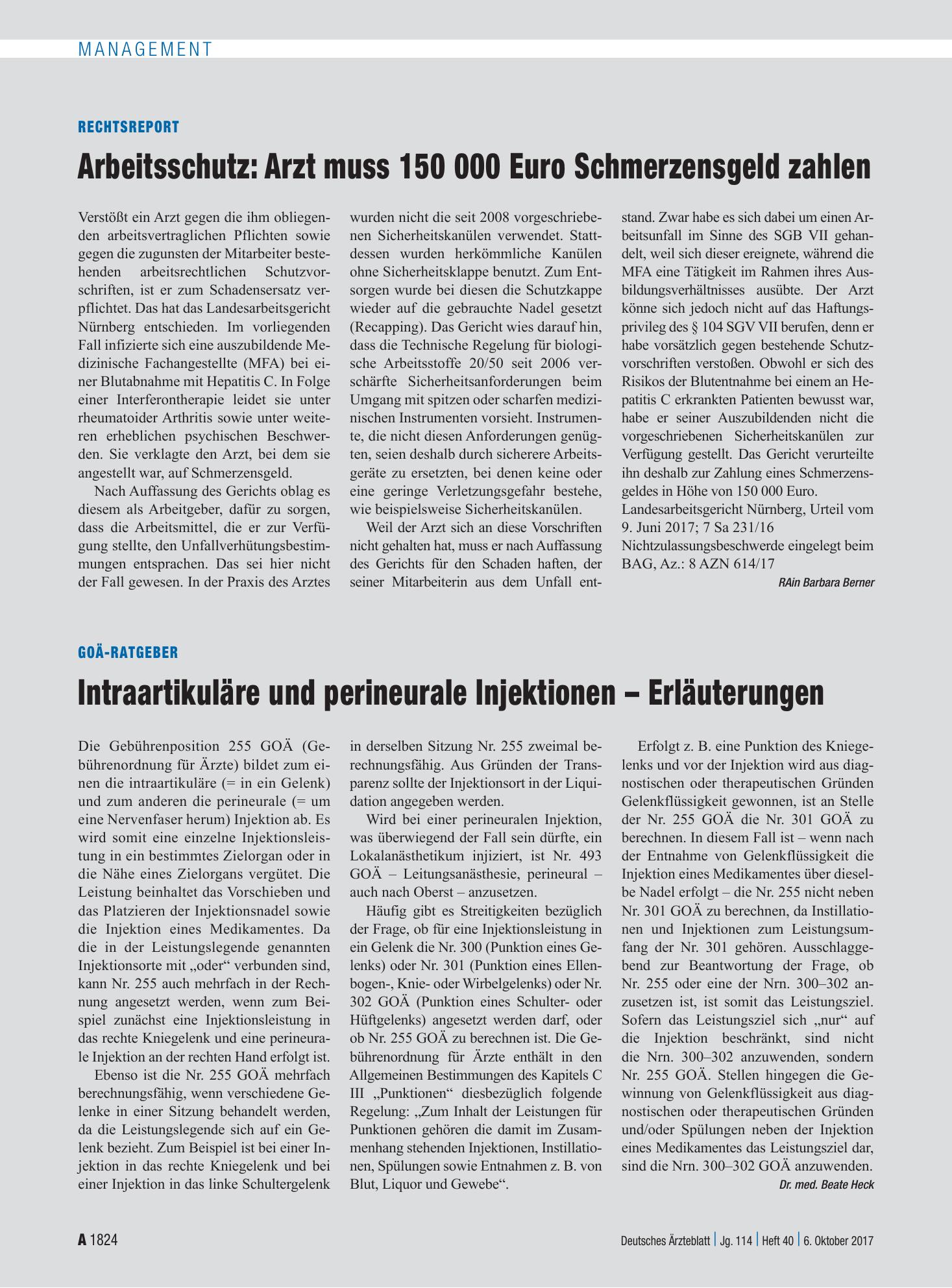 Vorschauseite 1: Rechtsreport: Arbeitsschutz – Arzt muss 150 000 Euro Schmerzensgeld zahlen – Deutsches Ärzteblatt