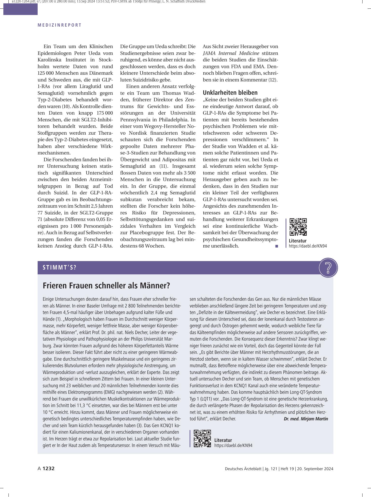 Vorschauseite 1: Frieren Frauen schneller als Männer? – Deutsches Ärzteblatt