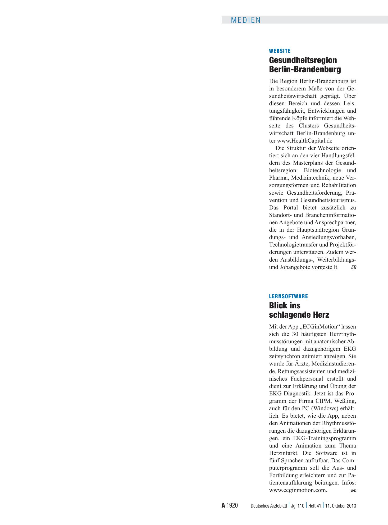 Vorschauseite 1: Lernsoftware: Blick ins schlagende Herz – Deutsches Ärzteblatt