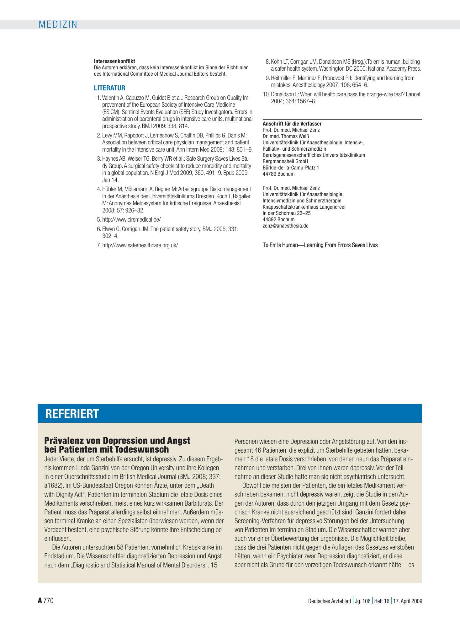 Vorschauseite 1: Prävalenz von Depression und Angst bei Patienten mit Todeswunsch – Deutsches Ärzteblatt
