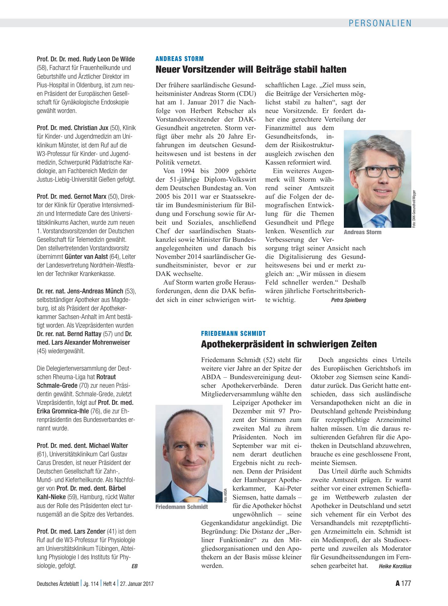 Vorschauseite 1: Andreas Storm: Neuer Vorsitzender will Beiträge stabil halten – Deutsches Ärzteblatt