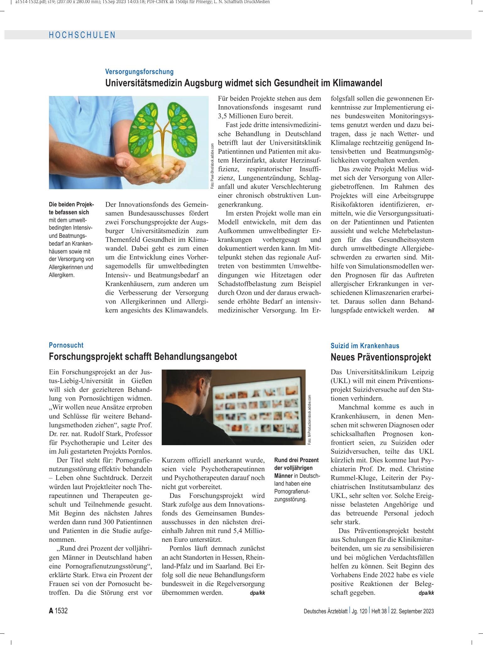 Vorschauseite 1: Suizid im Krankenhaus: Neues Präventionsprojekt – Deutsches Ärzteblatt
