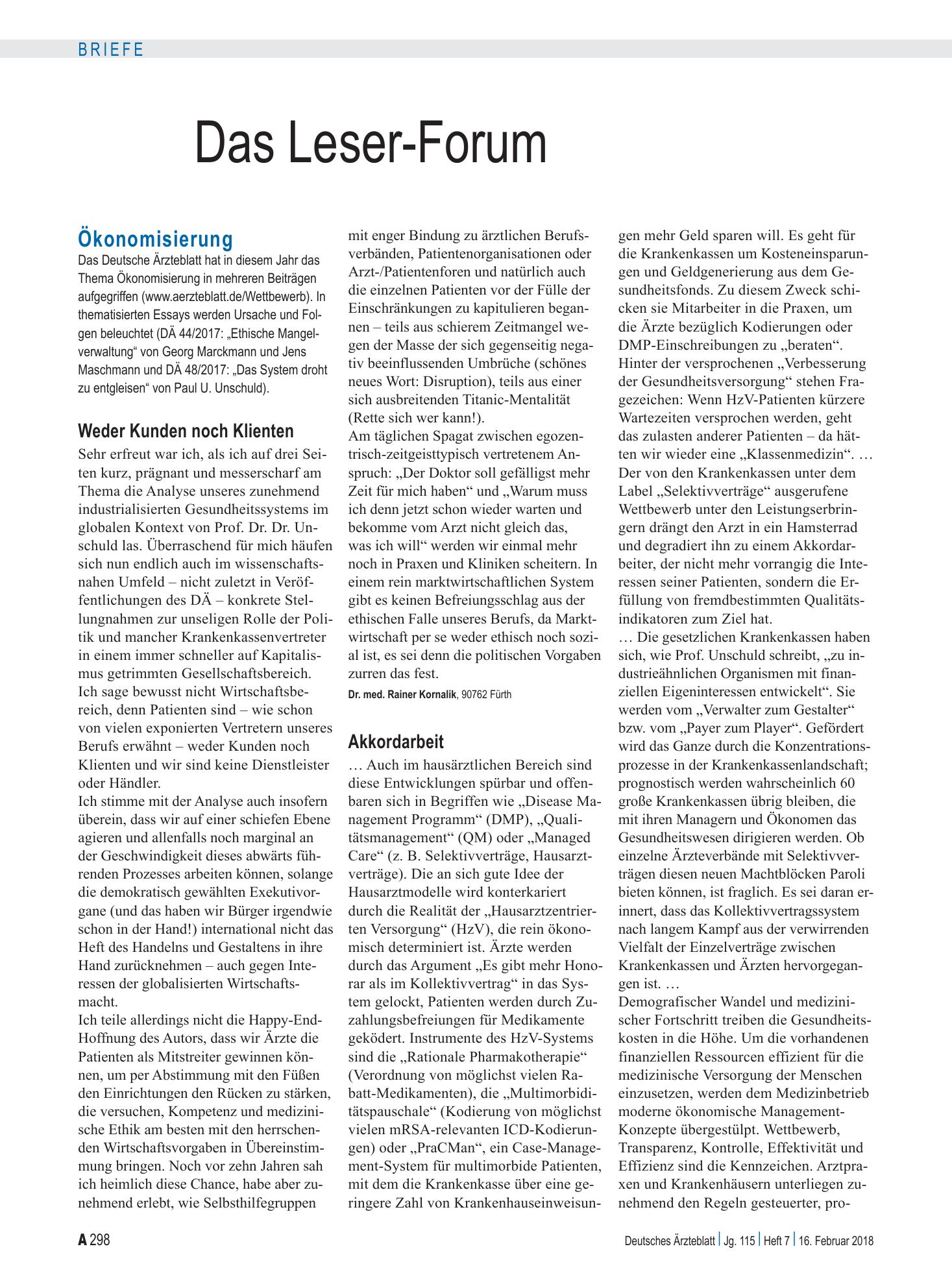 Vorschauseite 1: Ökonomisierung: Akkordarbeit – Deutsches Ärzteblatt