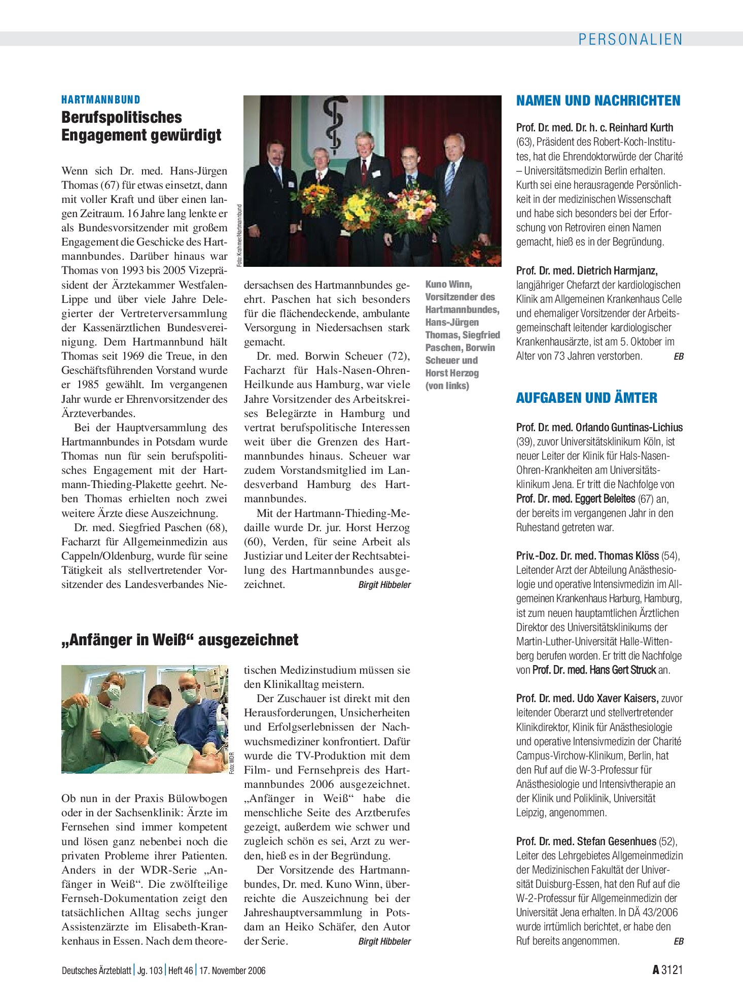 Vorschauseite 1: „Anfänger in Weiß“ ausgezeichnet – Deutsches Ärzteblatt