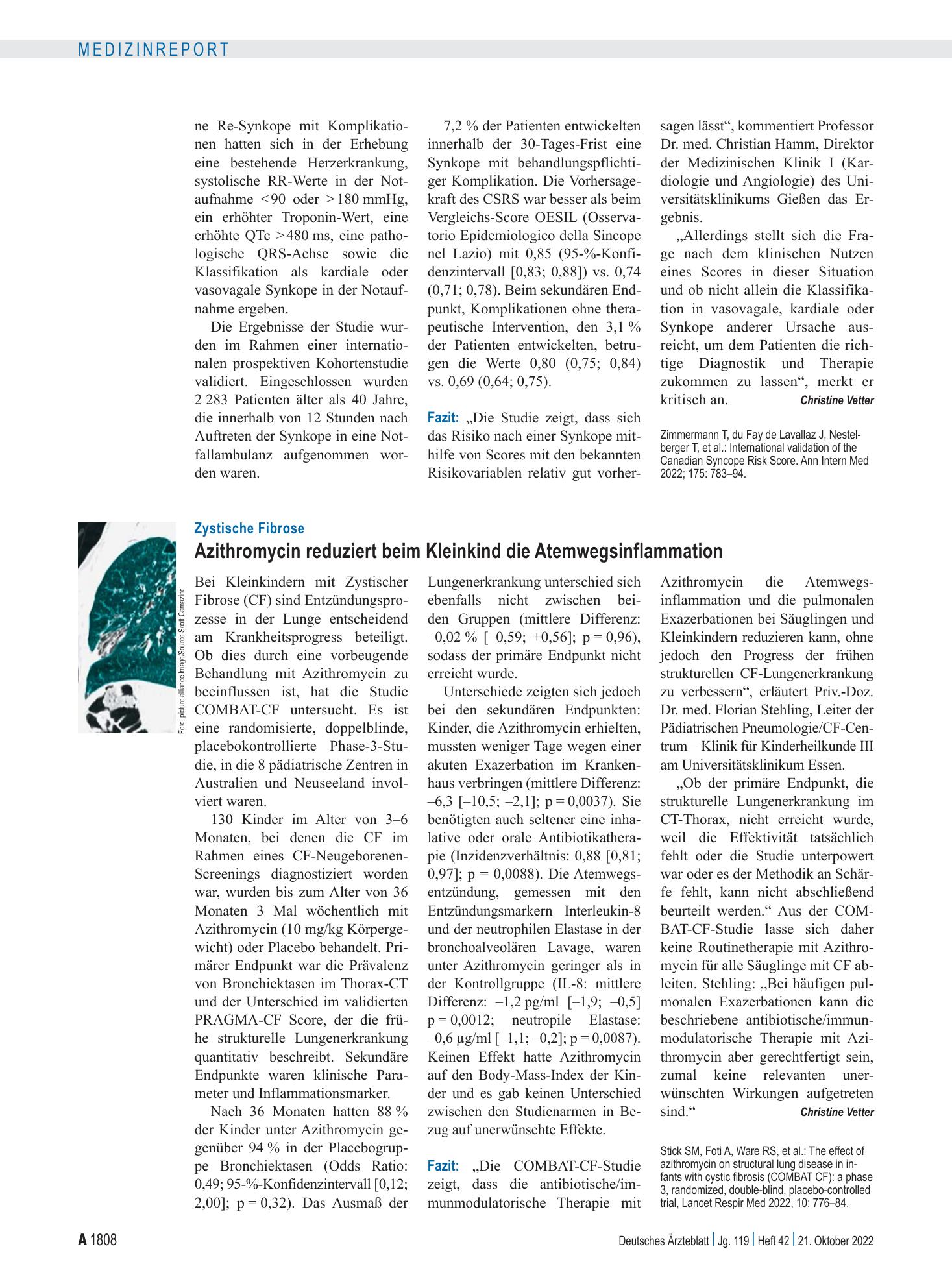 Vorschauseite 1: Zystische Fibrose: Azithromycin reduziert beim Kleinkind die Atemwegsinflammation – Deutsches Ärzteblatt