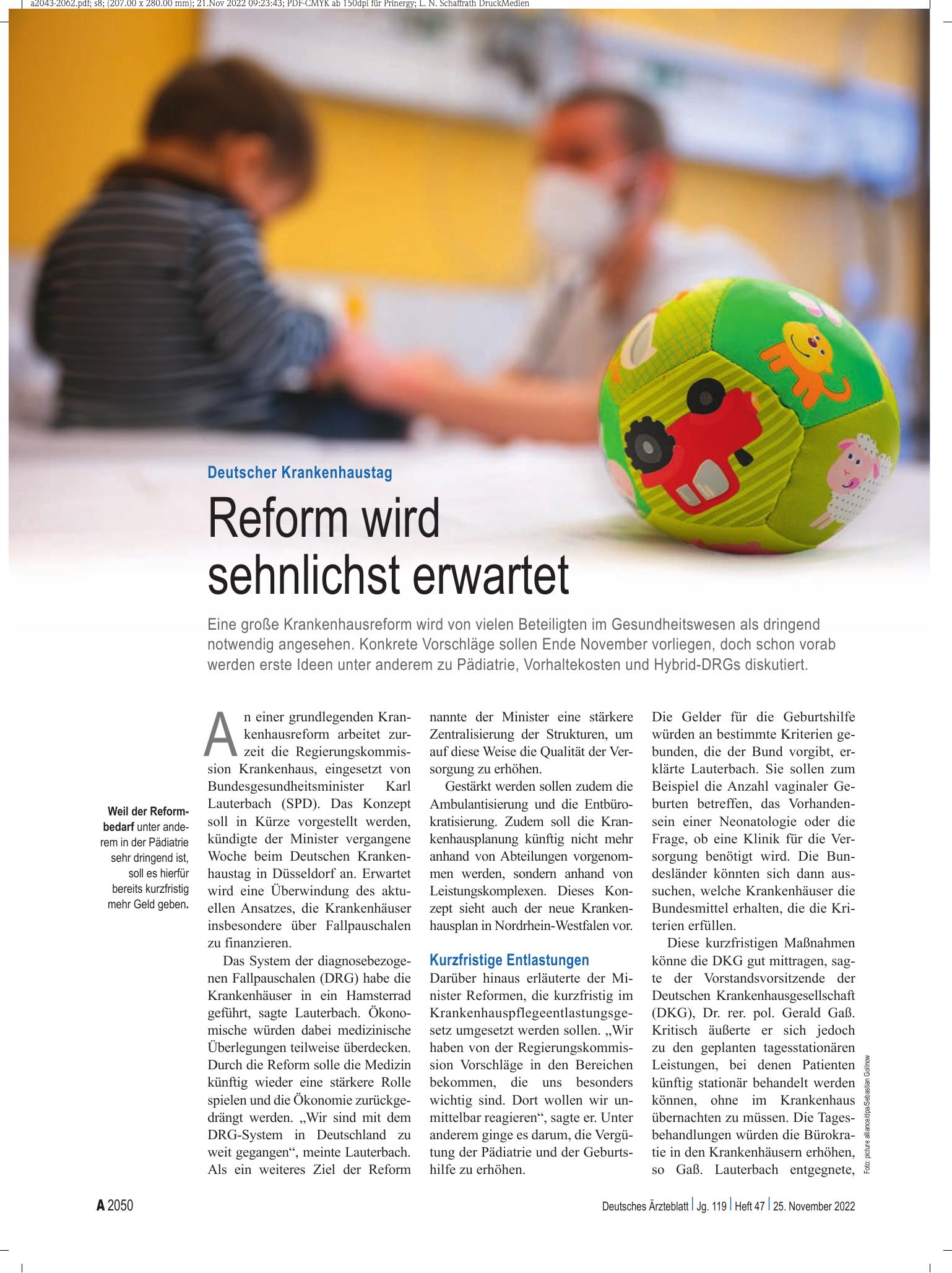 Vorschauseite 1: Deutscher Krankenhaustag: Reform wird sehnlichst erwartet – Deutsches Ärzteblatt