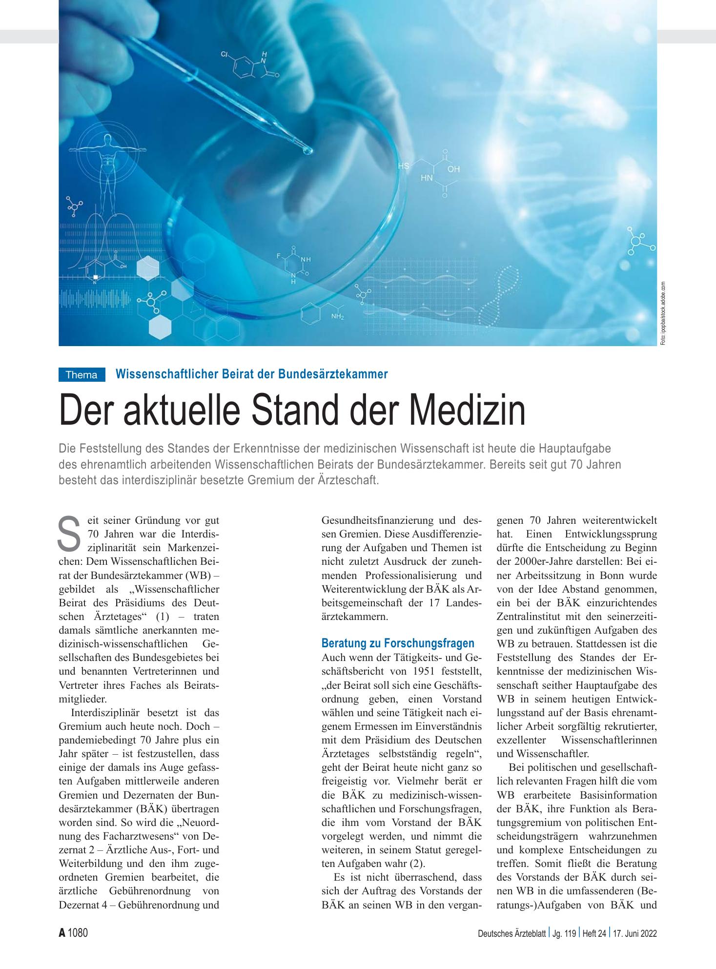 Vorschauseite 1: Wissenschaftlicher Beirat der Bundesärztekammer: Der aktuelle Stand der Medizin – Deutsches Ärzteblatt