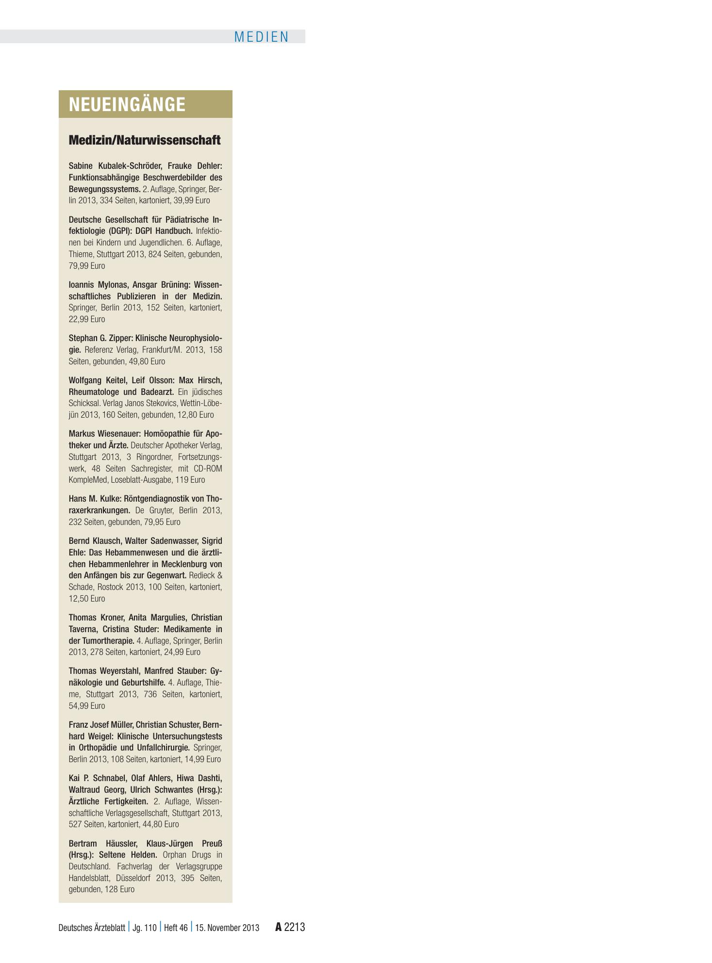 Vorschauseite 1: Neueingänge – Deutsches Ärzteblatt