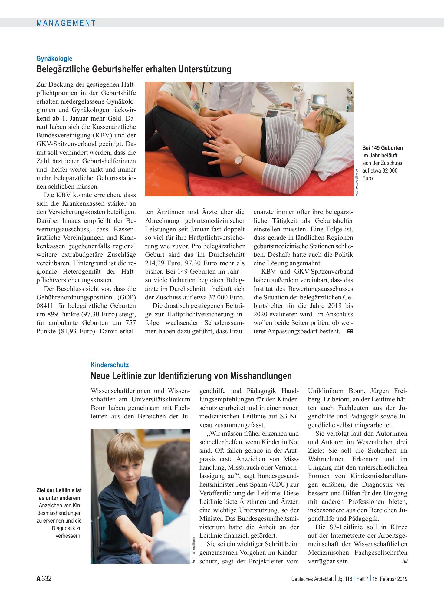Vorschauseite 1: Gynäkologie: Belegärztliche Geburtshelfer erhalten Unterstützung – Deutsches Ärzteblatt