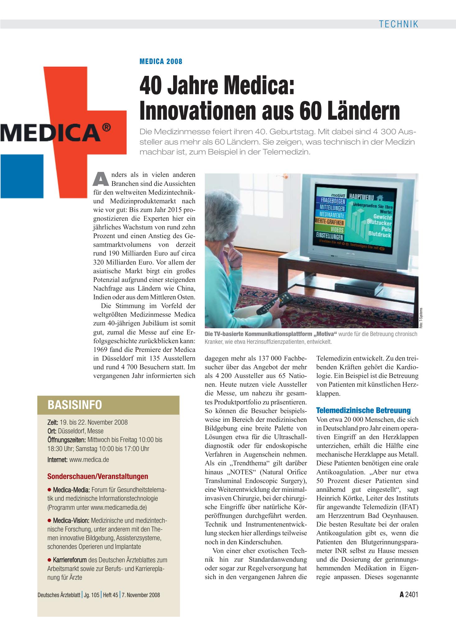 Vorschauseite 1: Medica 2008 – 40 Jahre Medica: Innovationen aus 60 Ländern – Deutsches Ärzteblatt