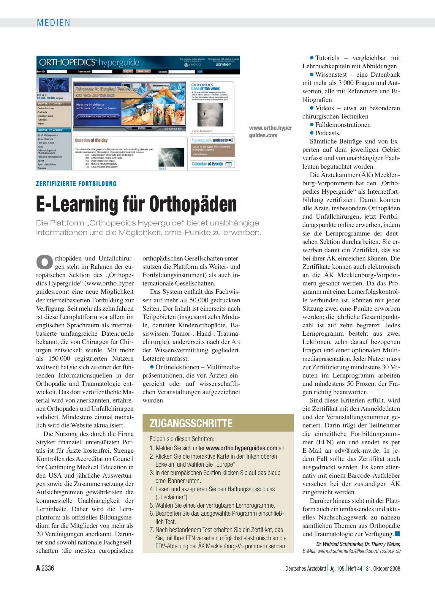 Vorschauseite 1: Zertifizierte Fortbildung: E-Learning für Orthopäden – Deutsches Ärzteblatt