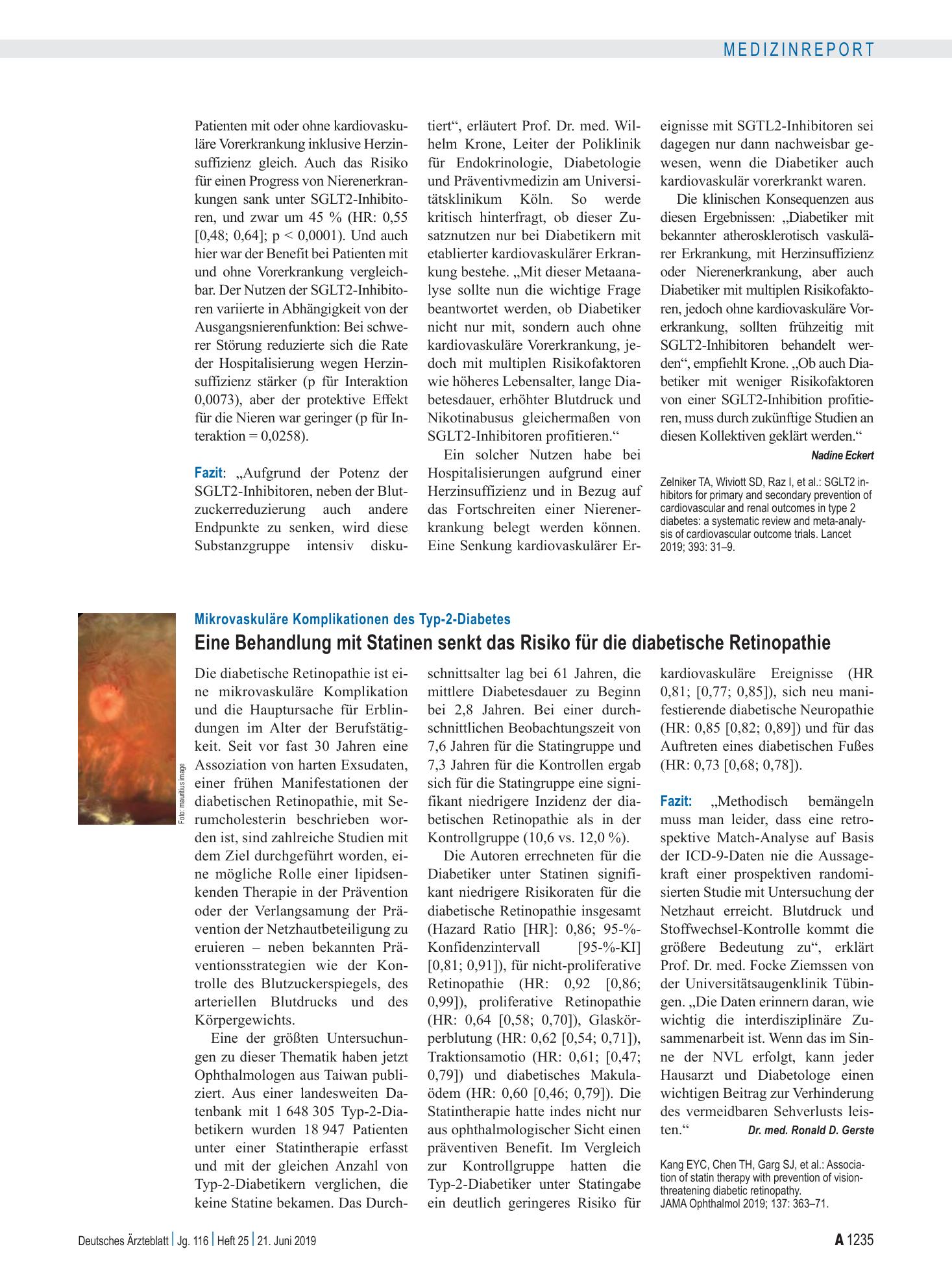 Vorschauseite 1: Mikrovaskuläre Komplikationen des Typ-2-Diabetes: Eine Behandlung mit Statinen senkt das Risiko für die diabetische Retinopathie – Deutsches Ärzteblatt