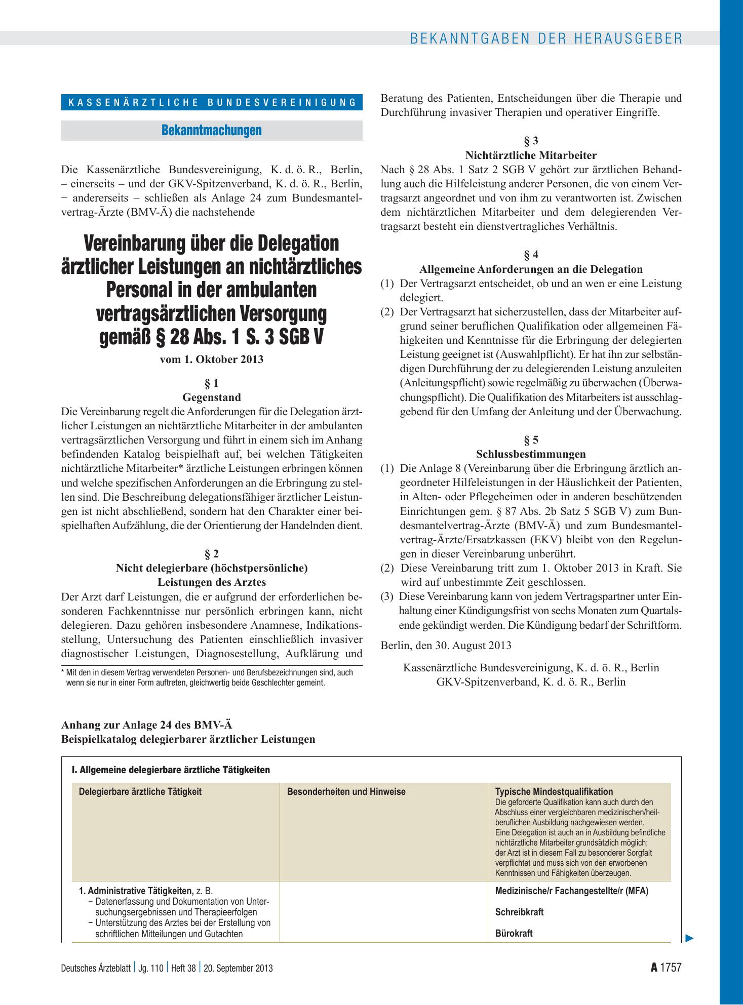 Vorschauseite 1: Vereinbarung über die Delegation ärztlicher Leistungen an nichtärztliches Personal in der ambulanten vertragsärztlichen Versorgung gemäß § 28 Abs. 1 S. 3 SGB V – Deutsches Ärztebl…