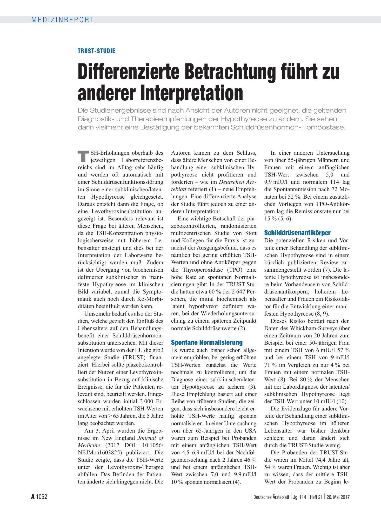 Vorschauseite 1: TRUST-Studie: Differenzierte Betrachtung führt zu anderer Interpretation – Deutsches Ärzteblatt