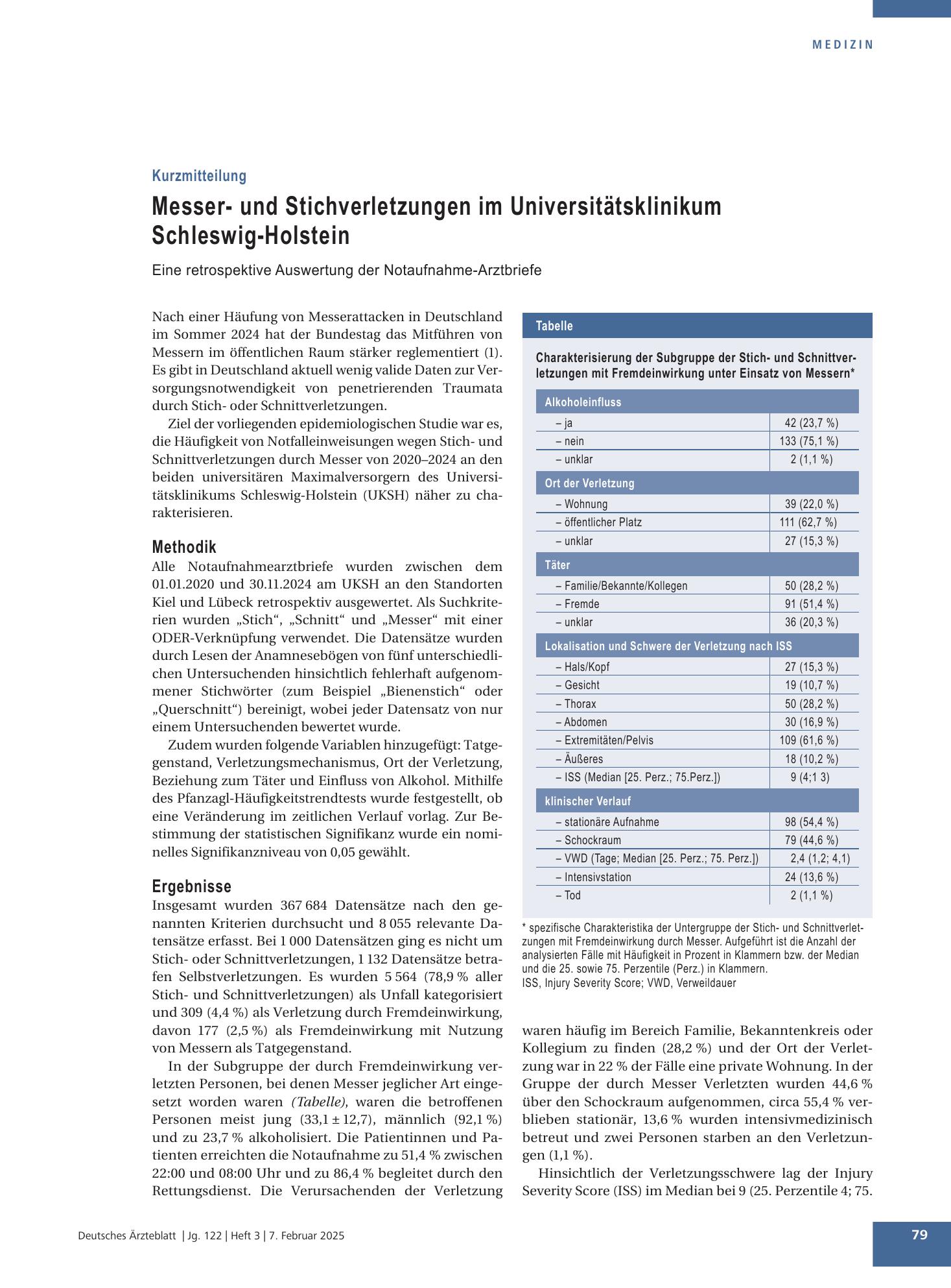 Vorschauseite 1: Messer- und Stichverletzungen im Universitätsklinikum Schleswig-Holstein – Deutsches Ärzteblatt