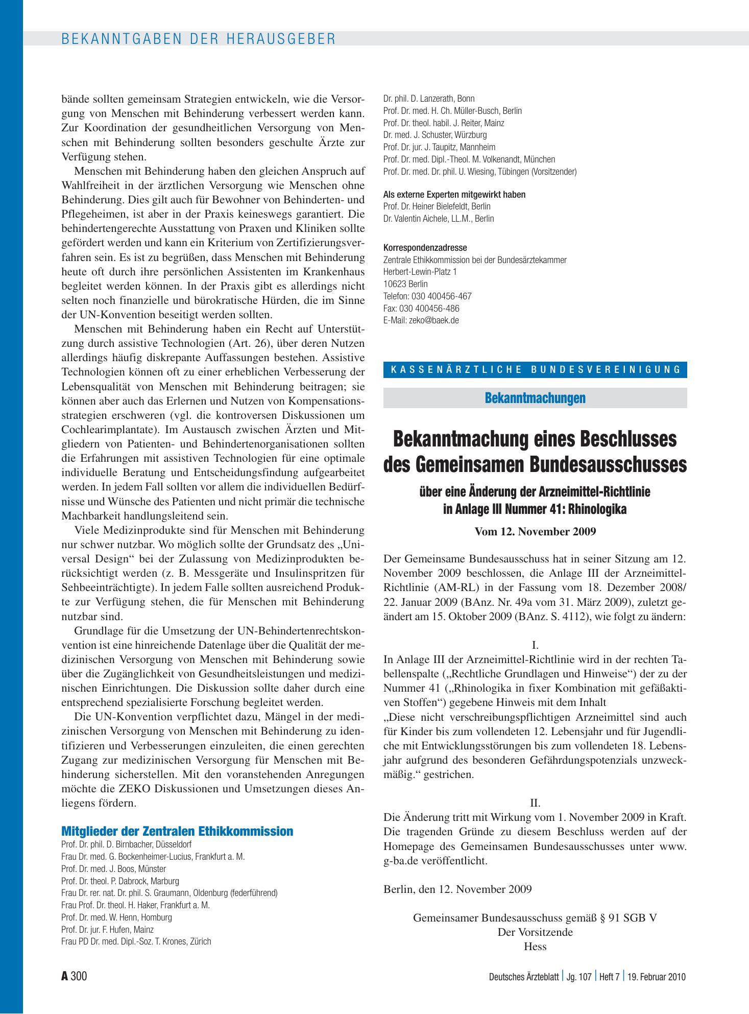 Vorschauseite 1: Bekanntmachung eines Beschlusses des Gemeinsamen Bundesausschusses über eine Änderung der Arzneimittel-Richtlinie in Anlage III Nummer 41: Rhinologika vom 12. November 2009 – Deut…