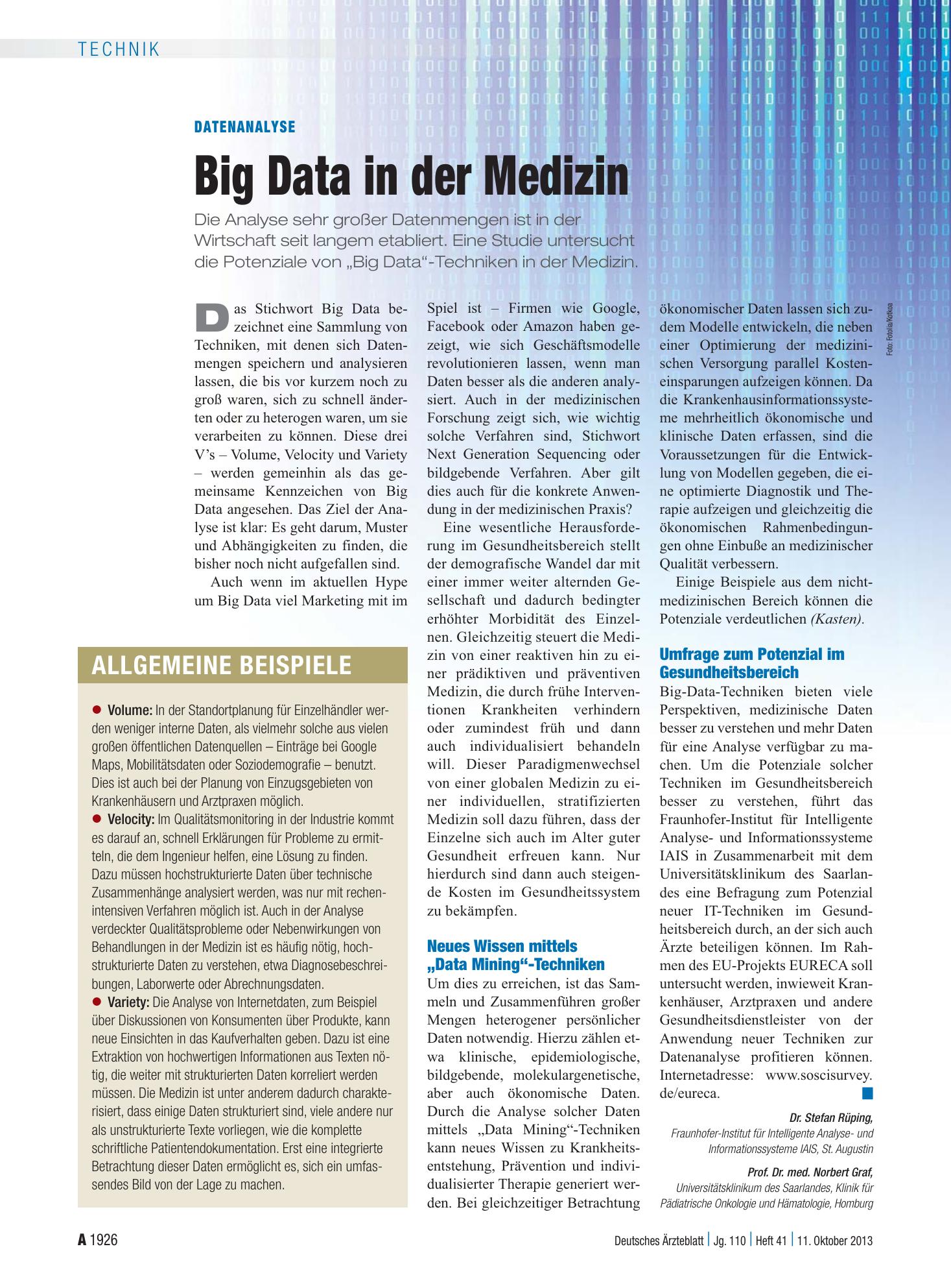 Vorschauseite 1: Datenanalyse: Big Data in der Medizin – Deutsches Ärzteblatt