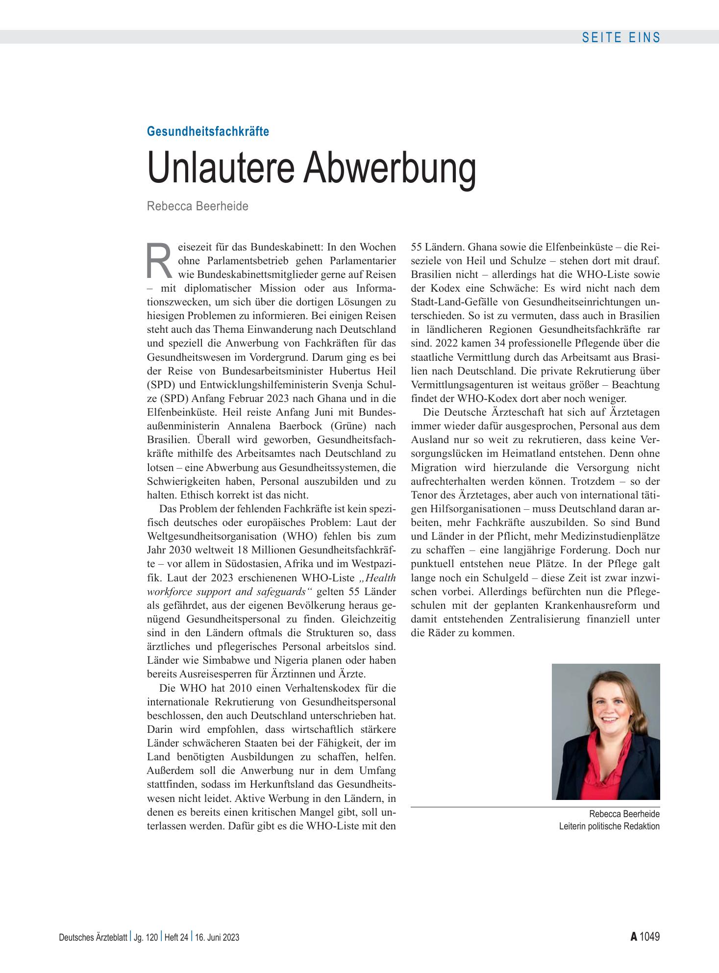 Vorschauseite 1: Gesundheitsfachkräfte: Unlautere Abwerbung – Deutsches Ärzteblatt