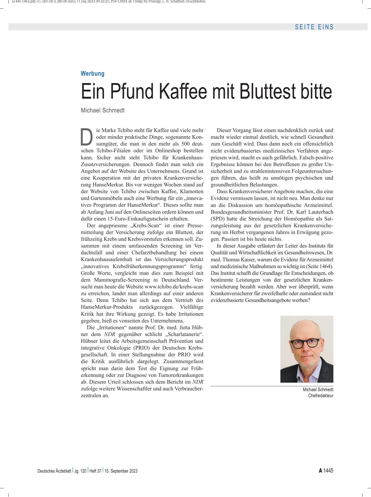 Vorschauseite 1: Werbung: Ein Pfund Kaffee mit Bluttest bitte – Deutsches Ärzteblatt