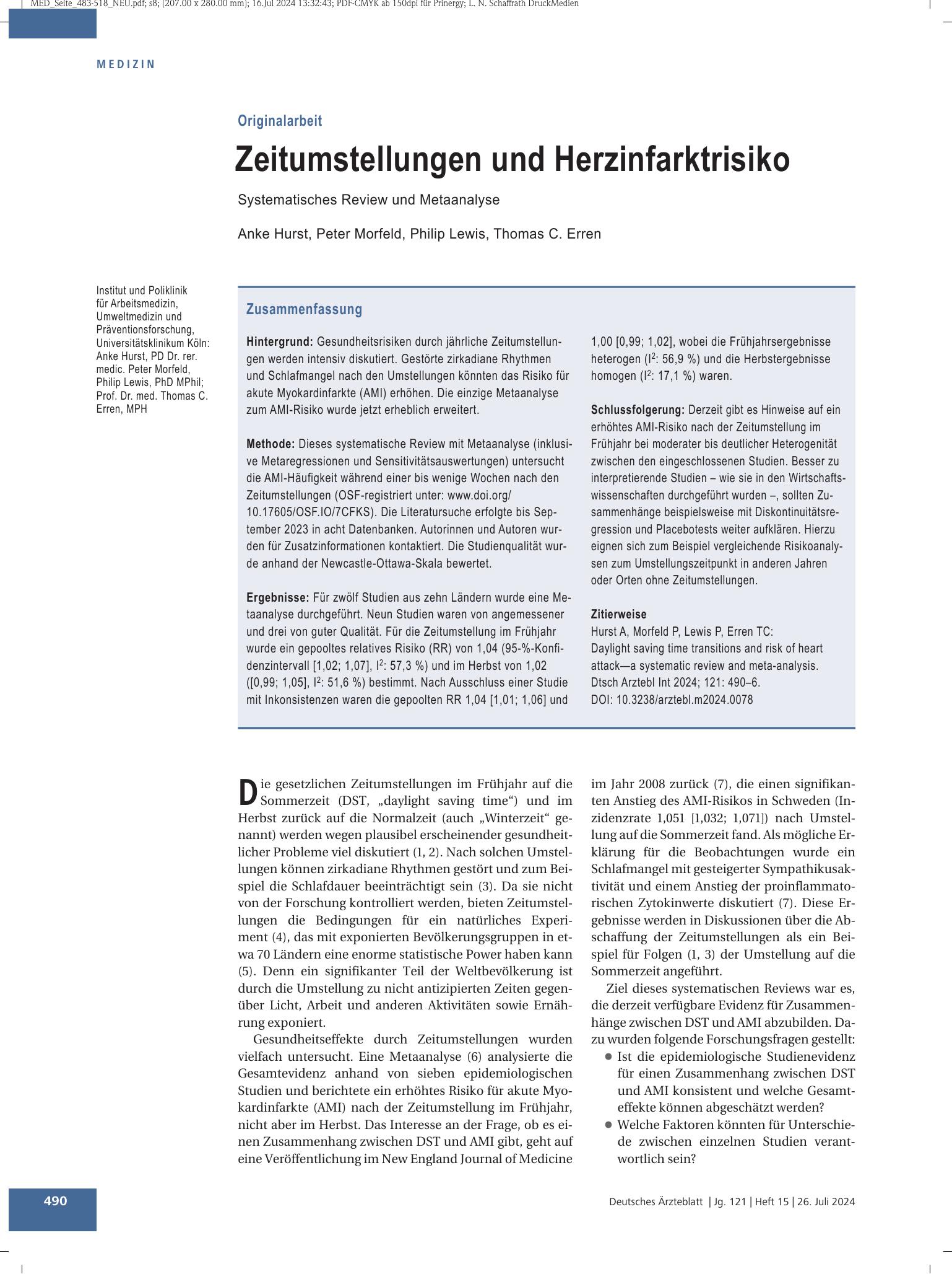 Vorschauseite 1: Zeitumstellungen und Herzinfarktrisiko – Deutsches Ärzteblatt