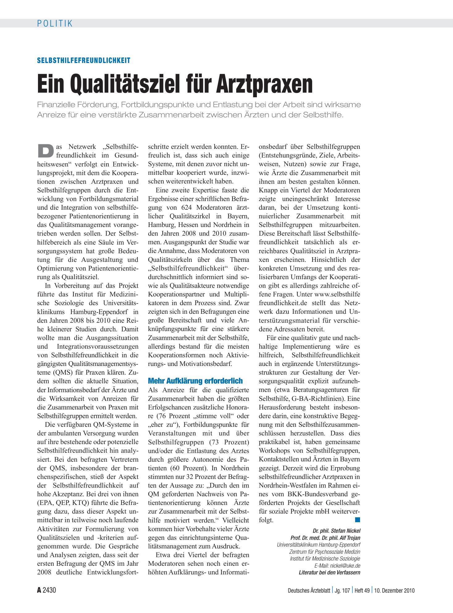 Vorschauseite 1: Selbsthilfefreundlichkeit: Ein Qualitätsziel für Arztpraxen – Deutsches Ärzteblatt