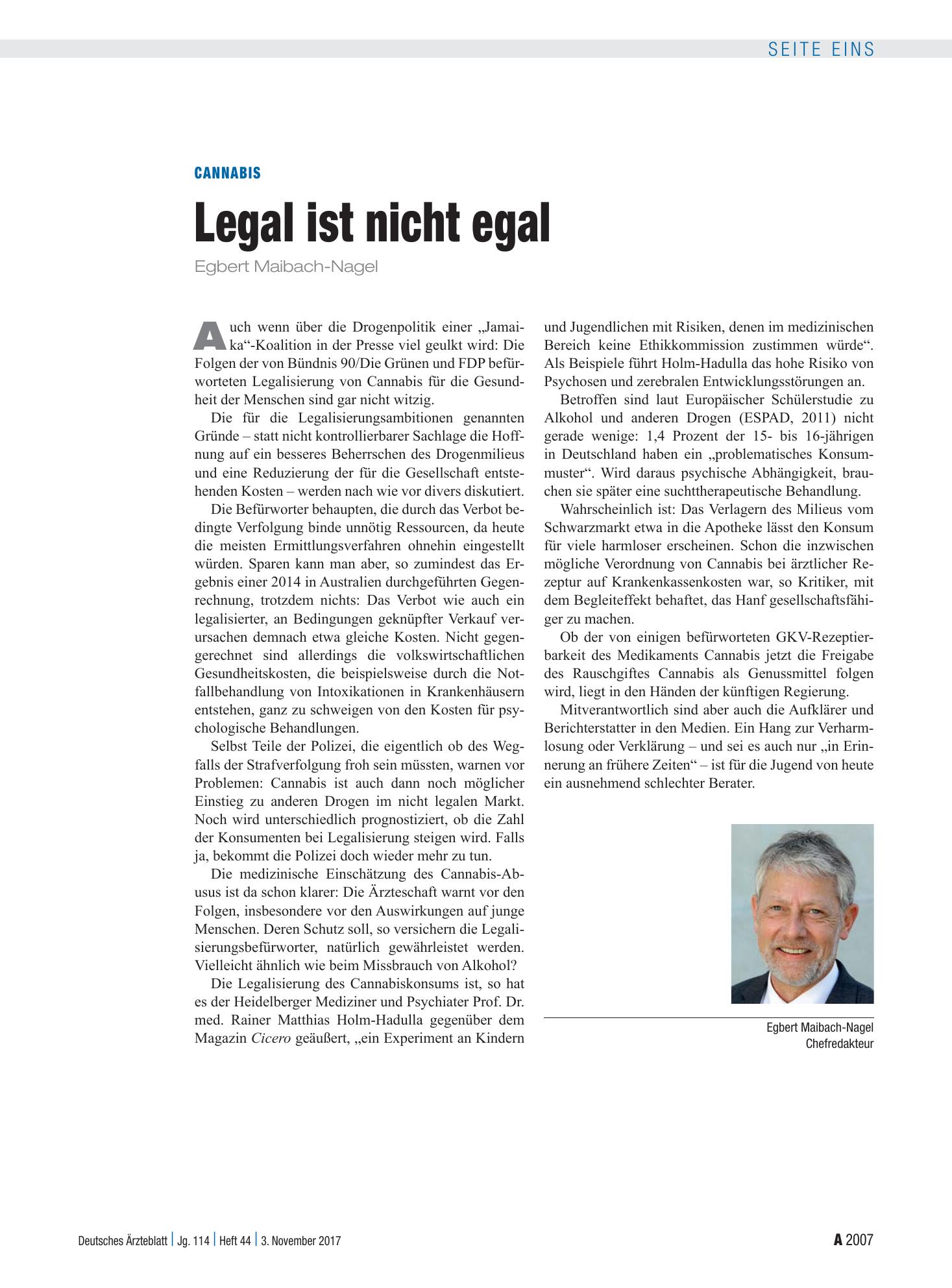 Vorschauseite 1: Cannabis: Legal ist nicht egal – Deutsches Ärzteblatt
