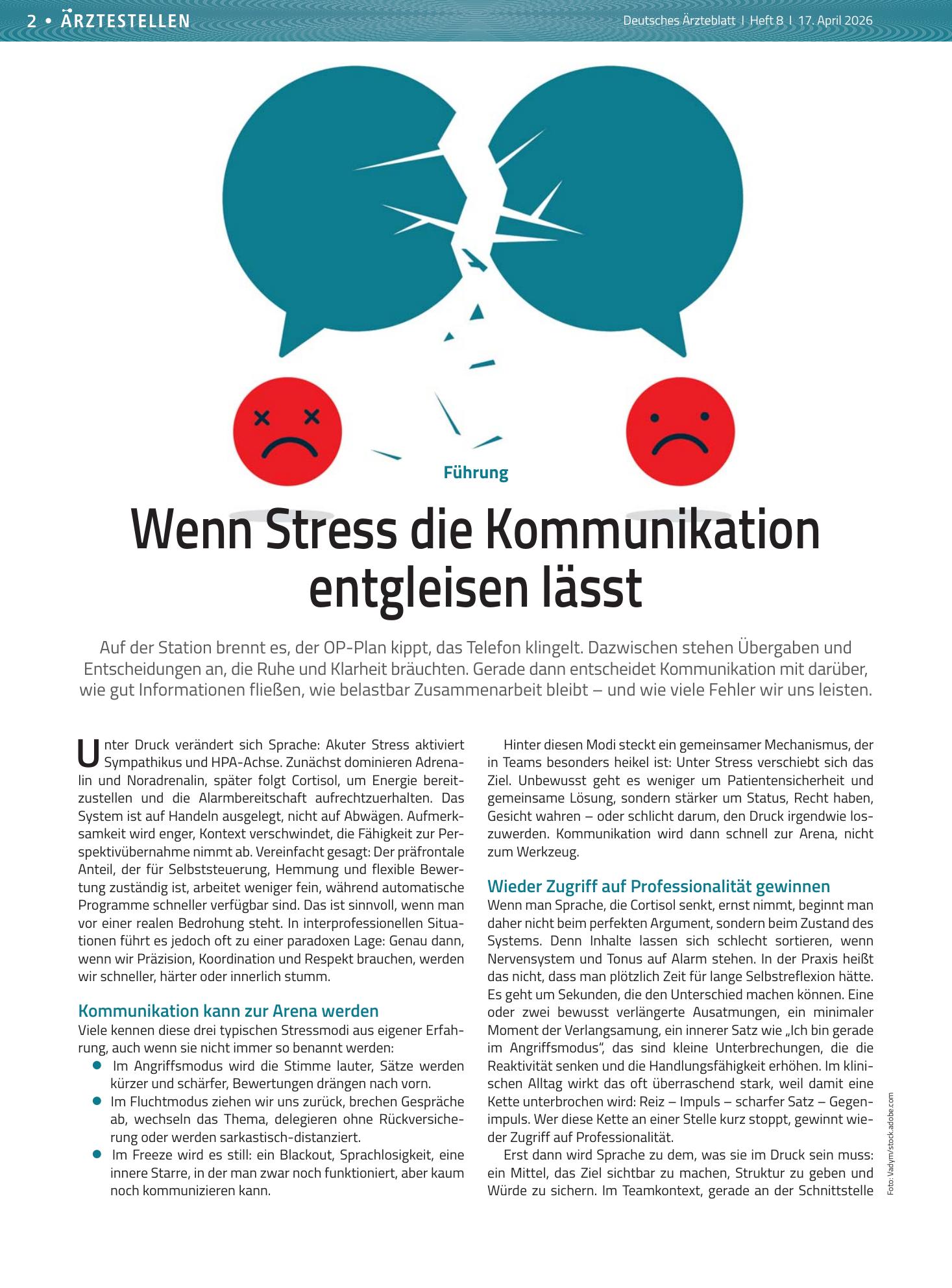 Vorschauseite 1: Führung: Wenn Stress die Kommunikation entgleisen lässt – Deutsches Ärzteblatt