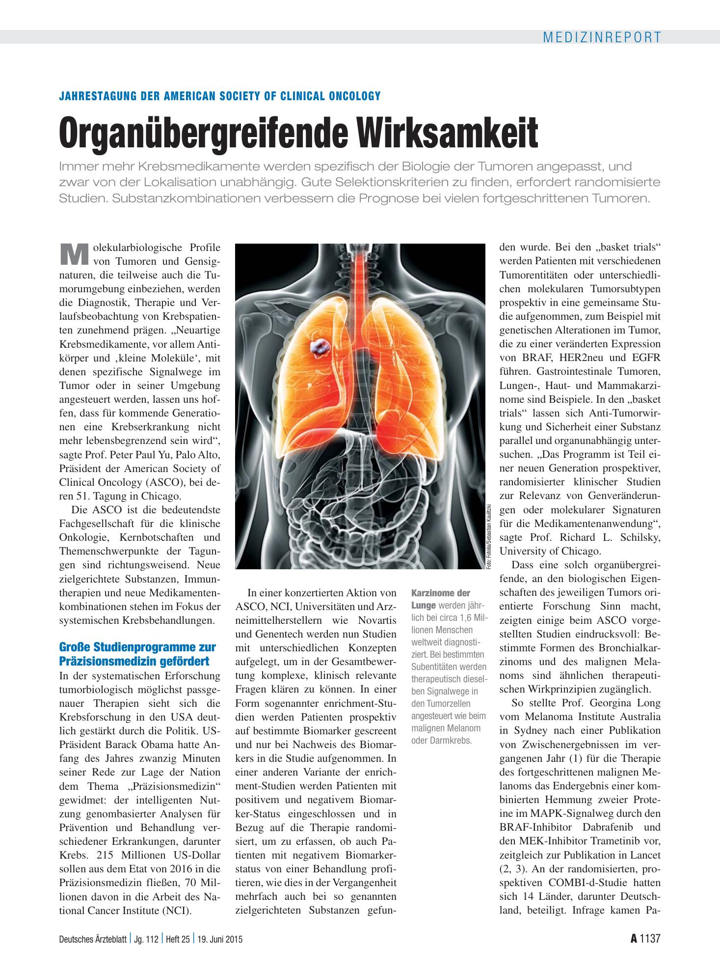 Vorschauseite 1: Jahrestagung der American Society of Clinical Oncology: Organübergreifende Wirksamkeit – Deutsches Ärzteblatt