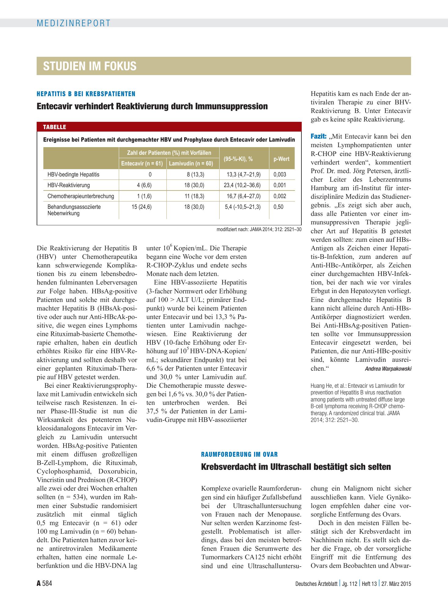 Vorschauseite 1: Hepatitis B bei Krebspatienten: Entecavir verhindert Reaktivierung durch Immunsuppression – Deutsches Ärzteblatt