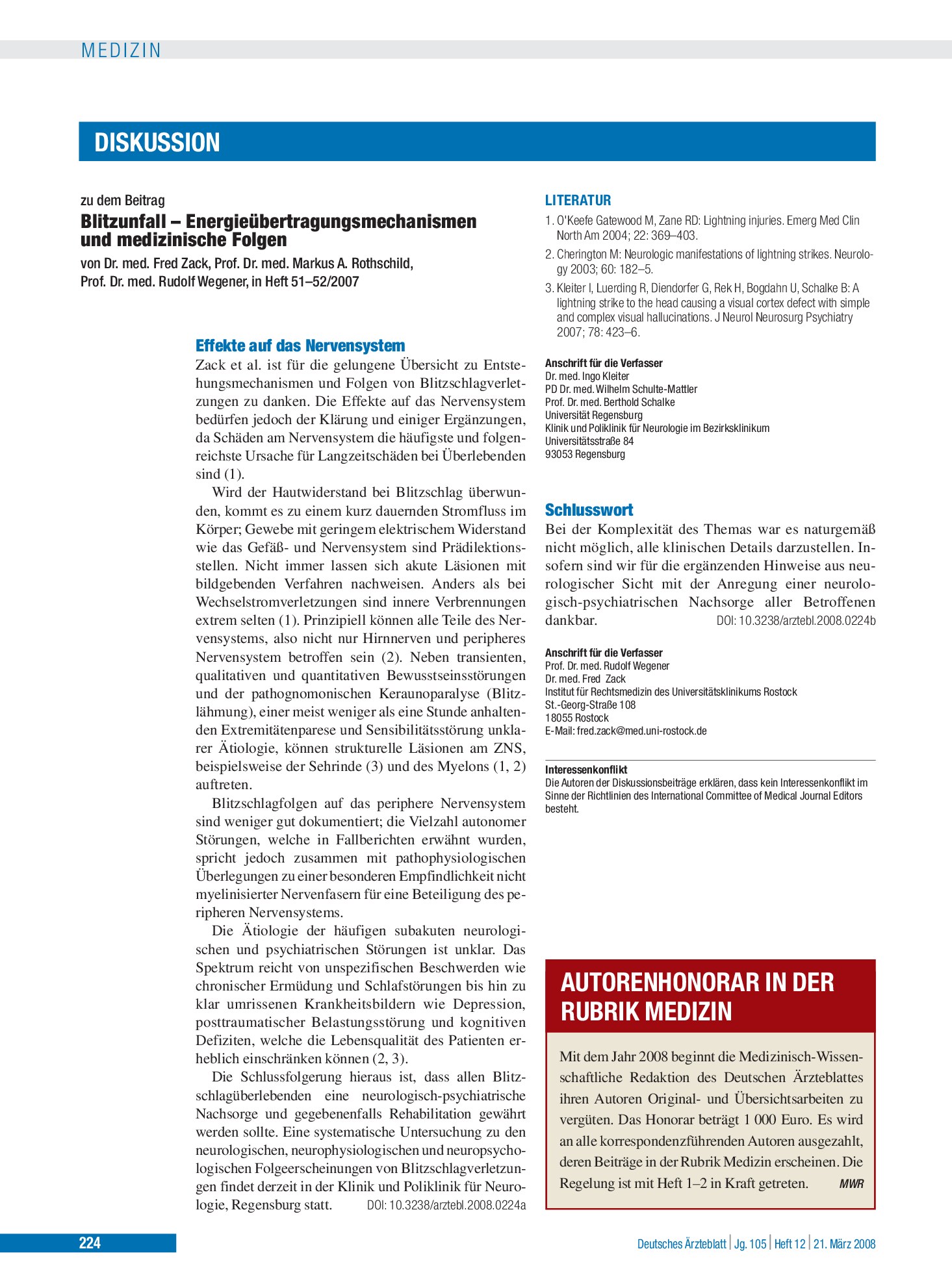 Vorschauseite 1: Blitzunfall – Energieübertragungsmechanismen und medizinische Folgen: Effekte auf das Nervensystem – Deutsches Ärzteblatt