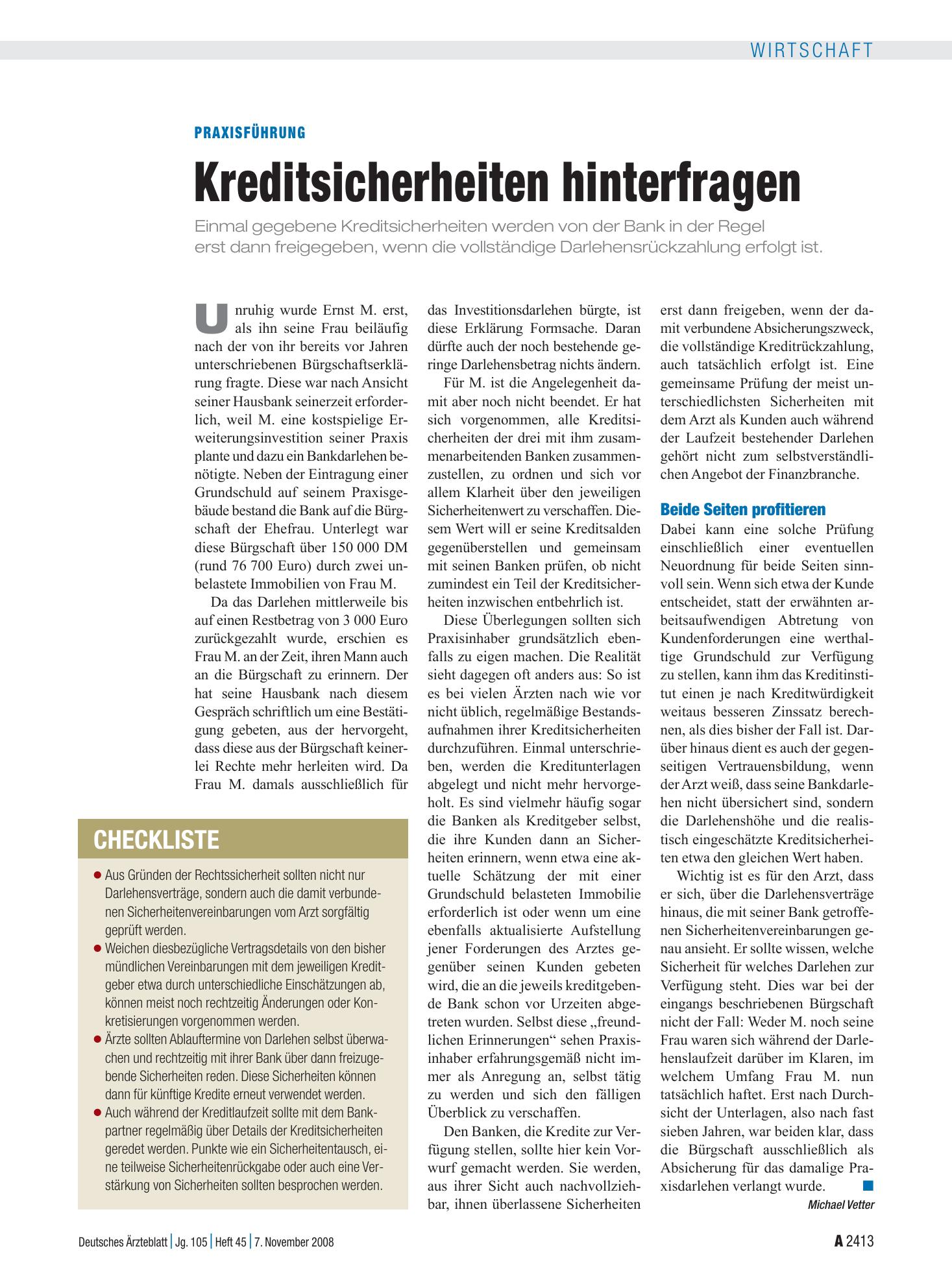 Vorschauseite 1: Praxisführung: Kreditsicherheiten hinterfragen – Deutsches Ärzteblatt