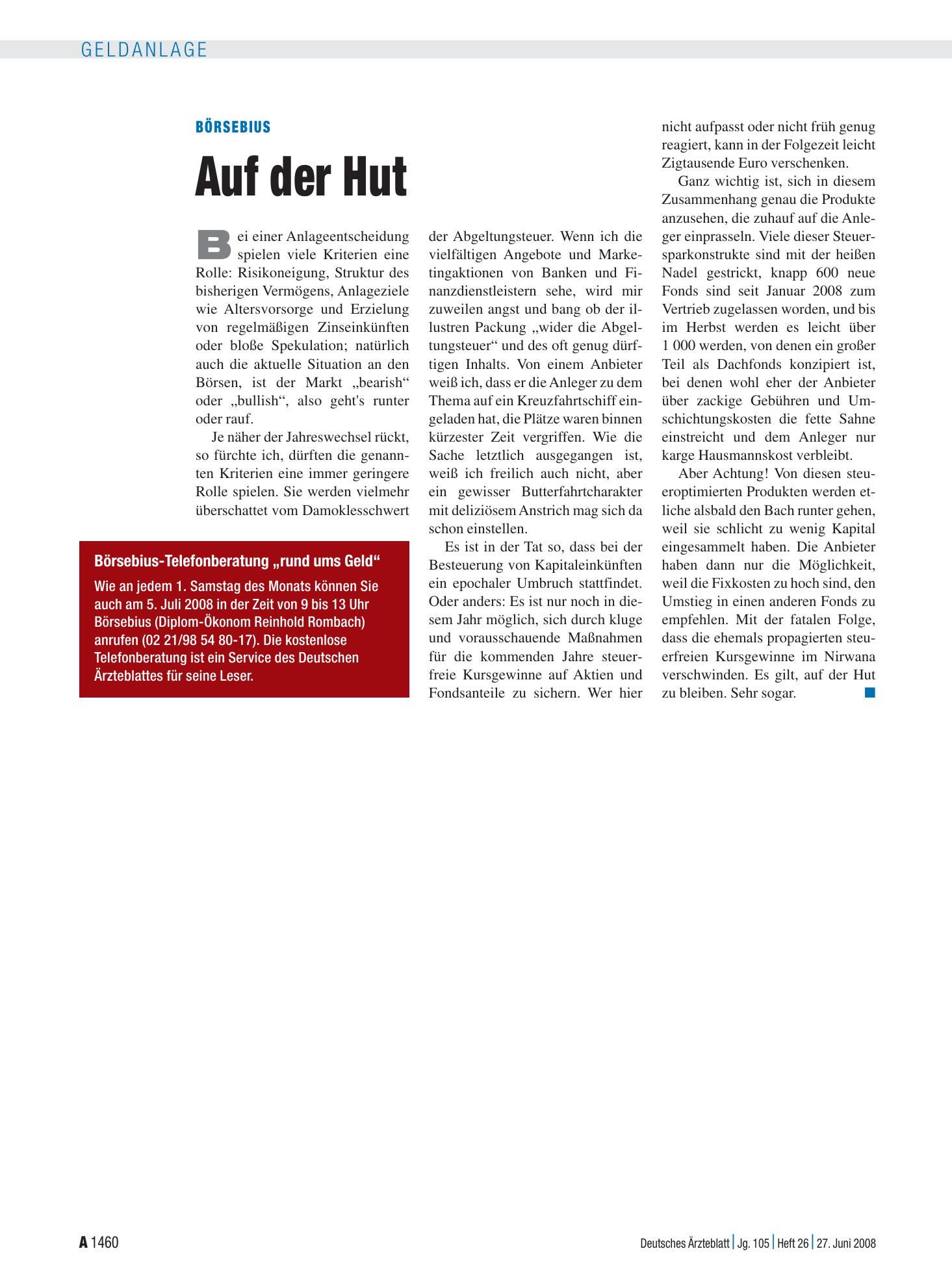 Vorschauseite 1: Börsebius: Auf der Hut – Deutsches Ärzteblatt