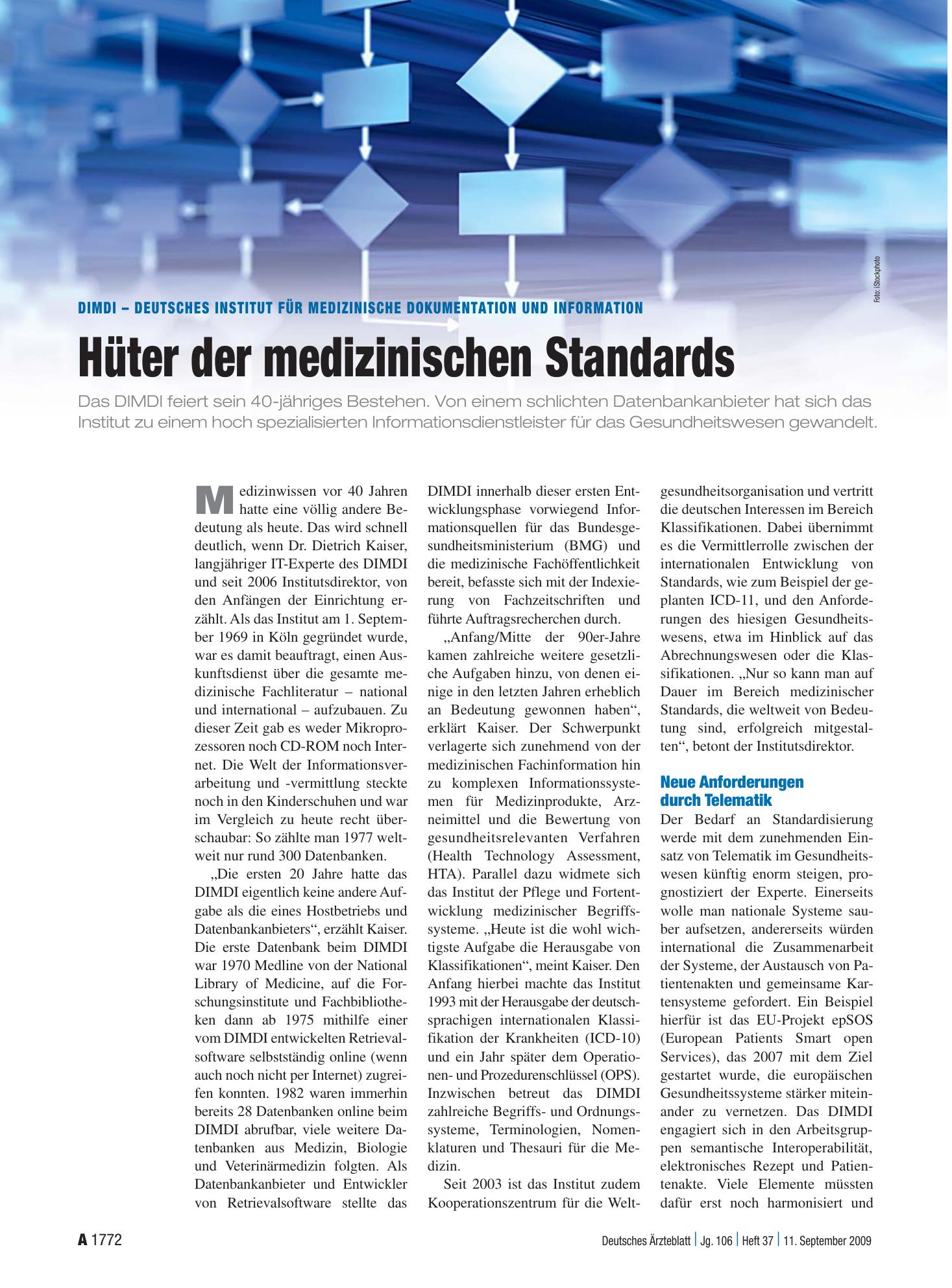 Vorschauseite 1: DIMDI – Deutsches Institut für Medizinische Dokumentation und Information: Hüter der medizinischen Standards – Deutsches Ärzteblatt